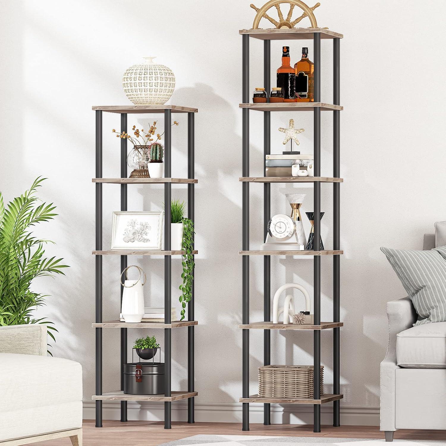 imageHOOBRO 5Tier Corner Shelf Stand Corner Square Rack Display Shelf Tall Storage Plant Stand Bookcase for Small Spaces Living Room Home Office Kitchen Rustic Brown and Black BF50CJ01Greige Black