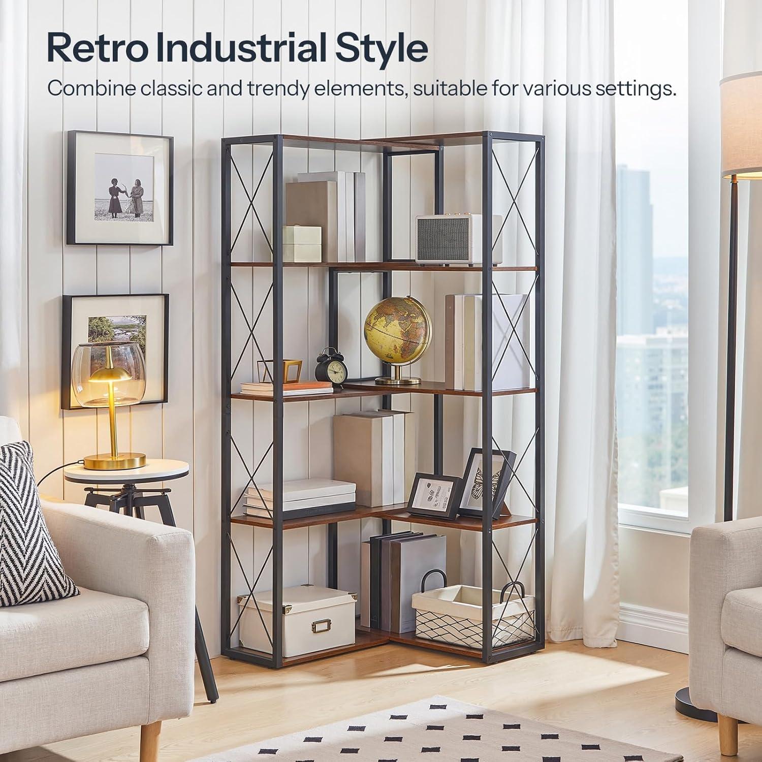 imageHOOBRO Corner Bookshelf 5Tier Industrial Corner Bookcase Open Display Storage Rack Vertical or LShaped for Office Living Room Bedroom Rustic Brown and Black BF66SJ01