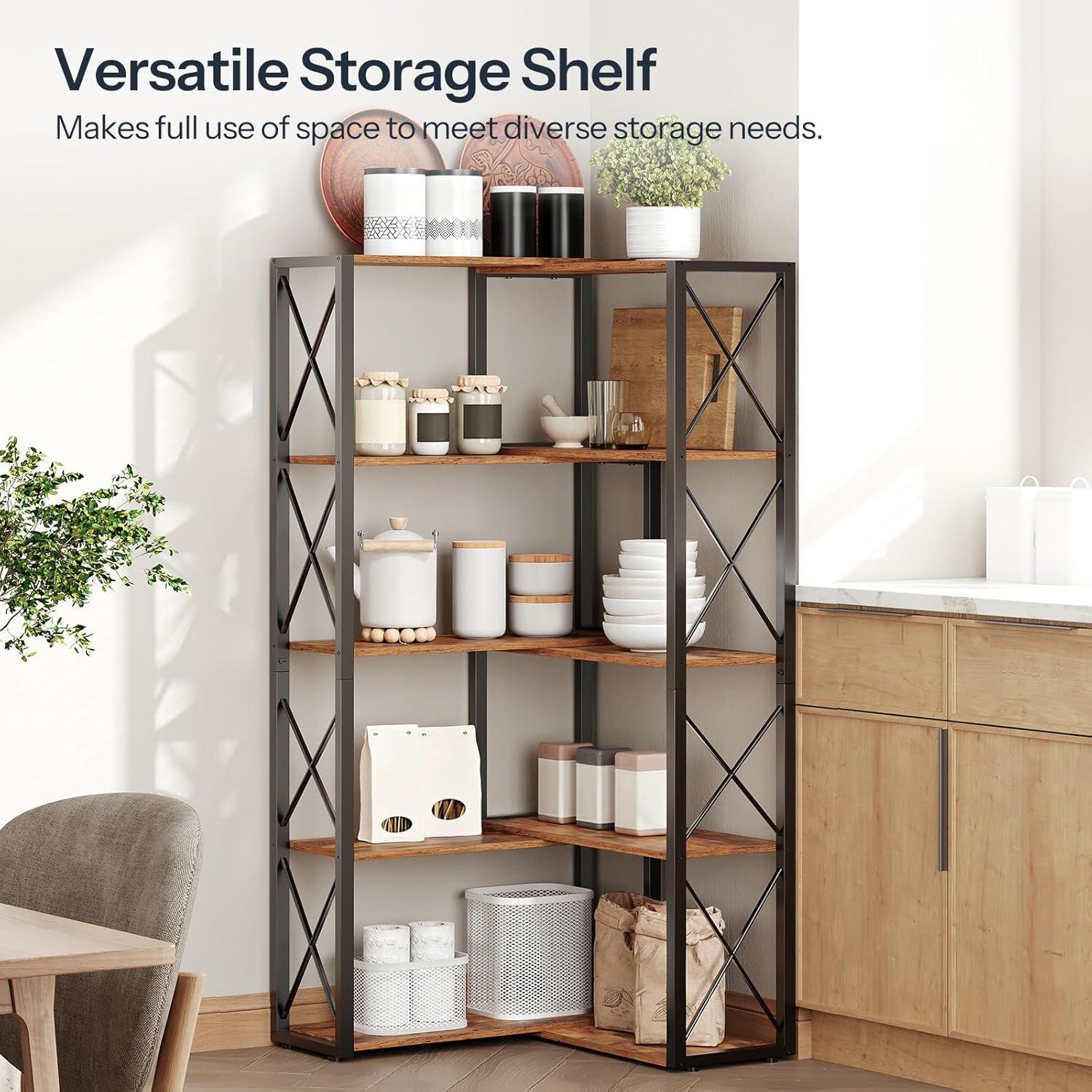 imageHOOBRO Corner Bookshelf 5Tier Industrial Corner Bookcase Open Display Storage Rack Vertical or LShaped for Office Living Room Bedroom Rustic Brown and Black BF66SJ01