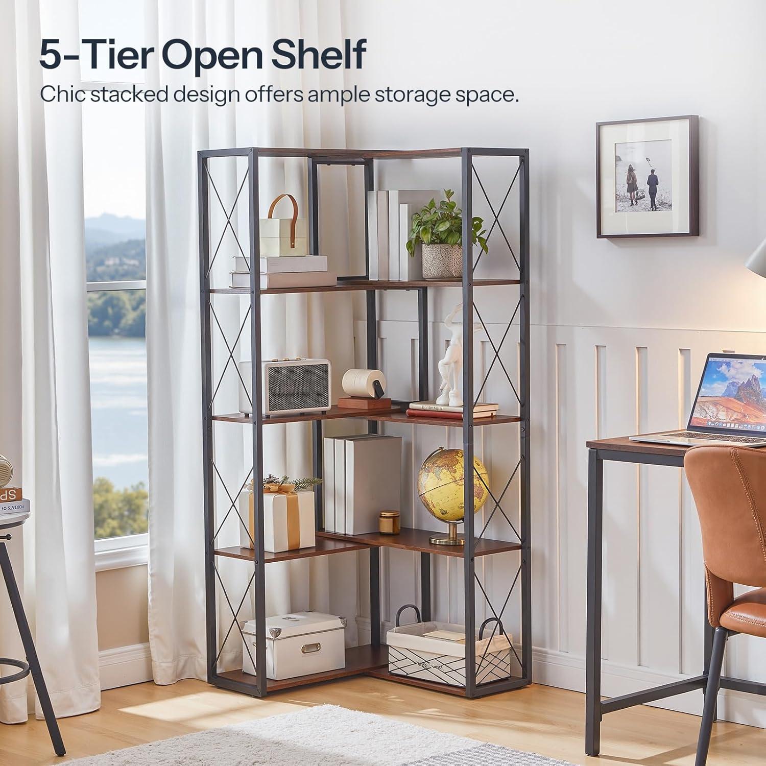 imageHOOBRO Corner Bookshelf 5Tier Industrial Corner Bookcase Open Display Storage Rack Vertical or LShaped for Office Living Room Bedroom Rustic Brown and Black BF66SJ01