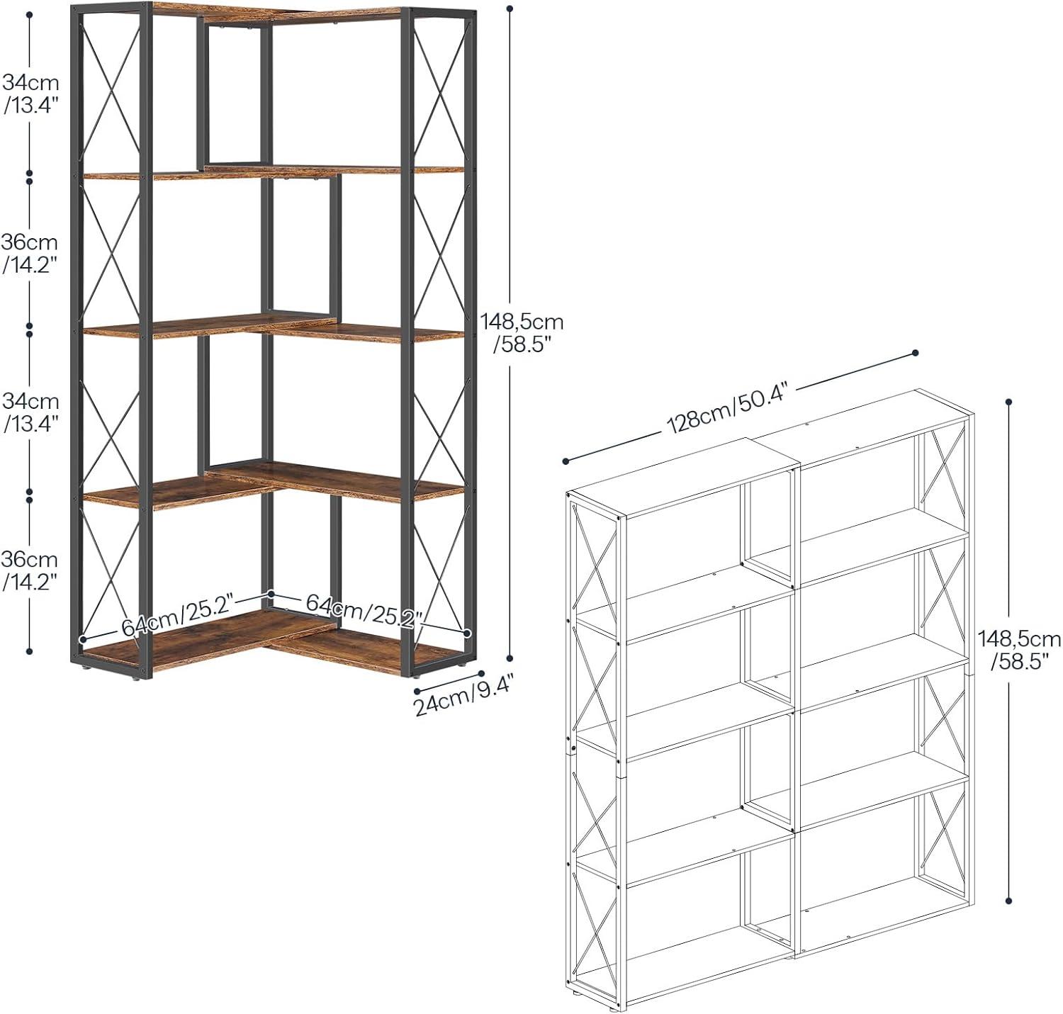 imageHOOBRO Corner Bookshelf 5Tier Industrial Corner Bookcase Open Display Storage Rack Vertical or LShaped for Office Living Room Bedroom Rustic Brown and Black BF66SJ01