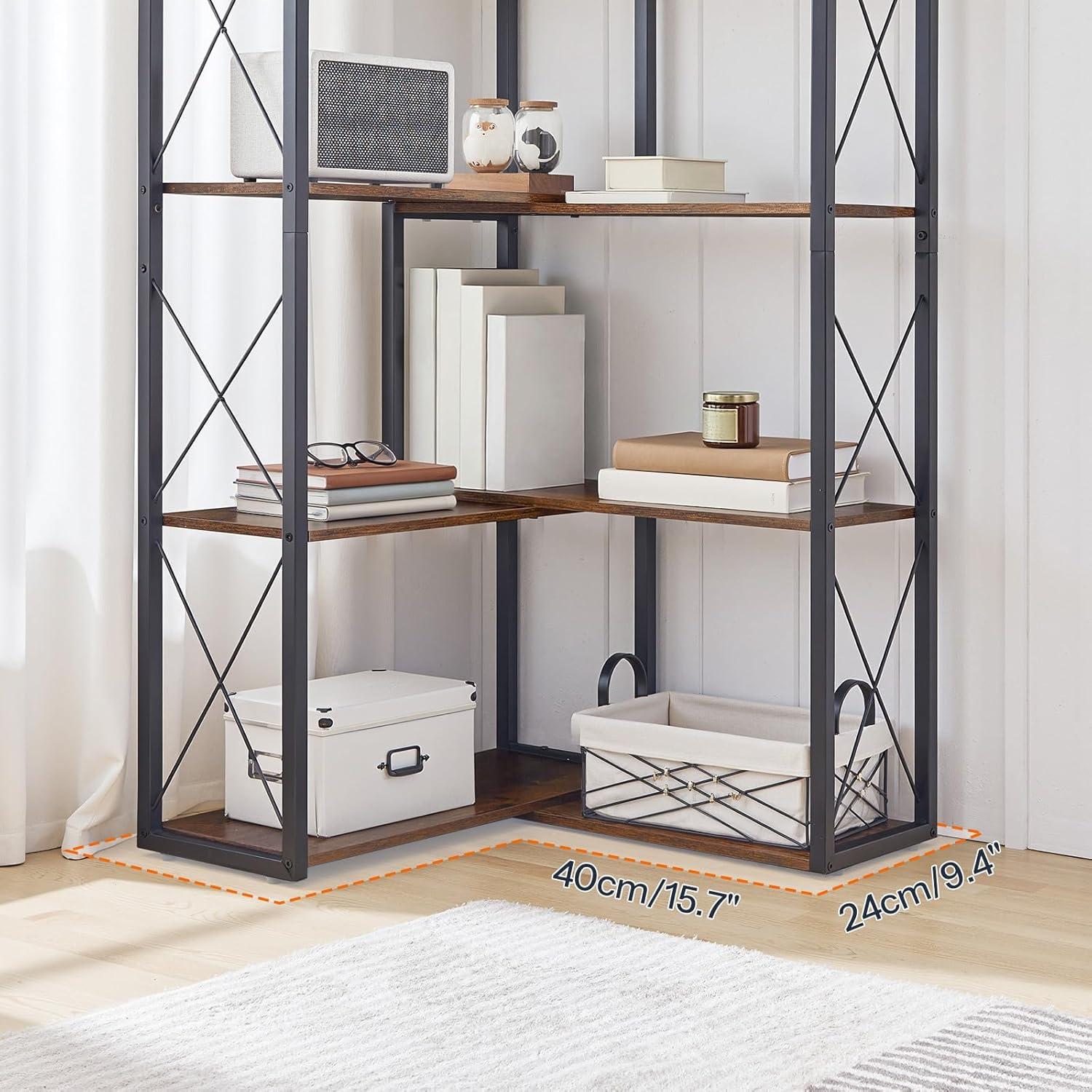imageHOOBRO Corner Bookshelf 5Tier Industrial Corner Bookcase Open Display Storage Rack Vertical or LShaped for Office Living Room Bedroom Rustic Brown and Black BF66SJ01