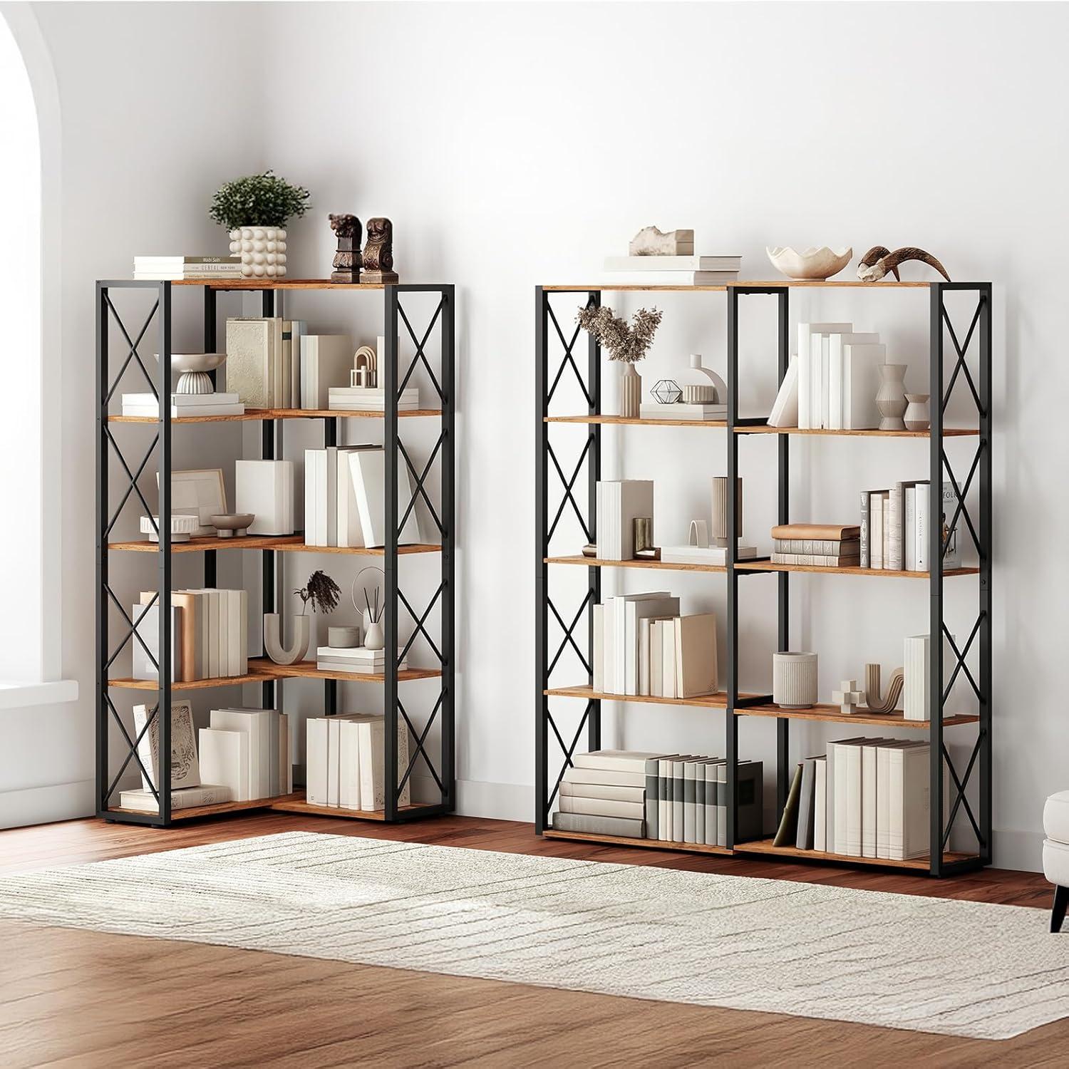 imageHOOBRO Corner Bookshelf 5Tier Industrial Corner Bookcase Open Display Storage Rack Vertical or LShaped for Office Living Room Bedroom Rustic Brown and Black BF66SJ01