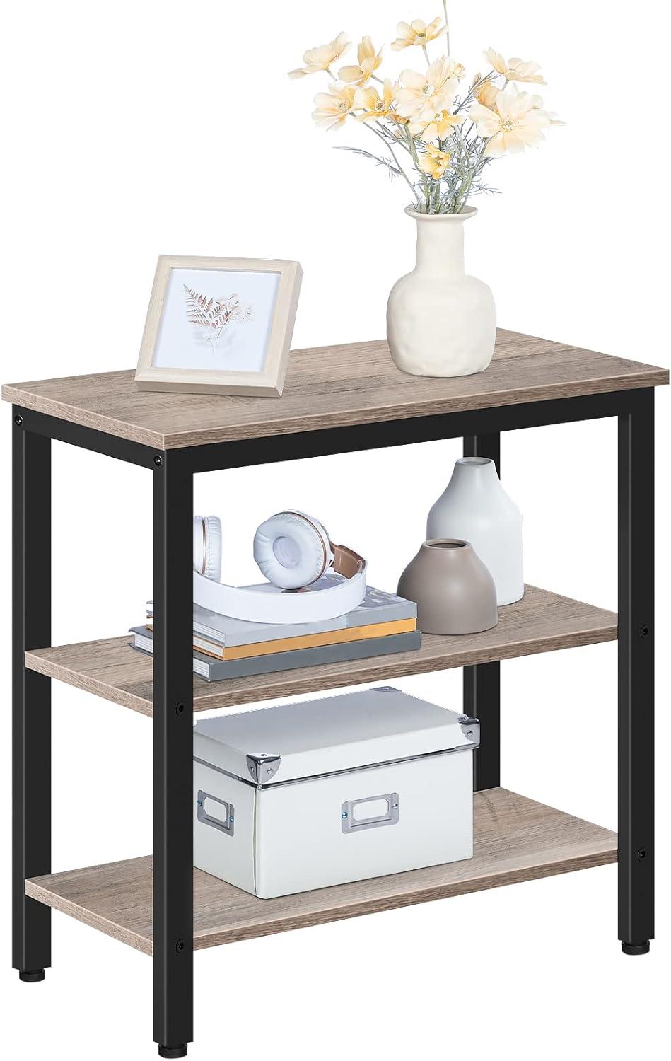 imageHOOBRO End Table Simple Rustic Side Table with 3Tier Storage Shelf Narrow Nightstand for Small Spaces for Living Room BedroomEasy Assembly Industrial Design Rustic Brown and Black BF14BZ01Greige Black