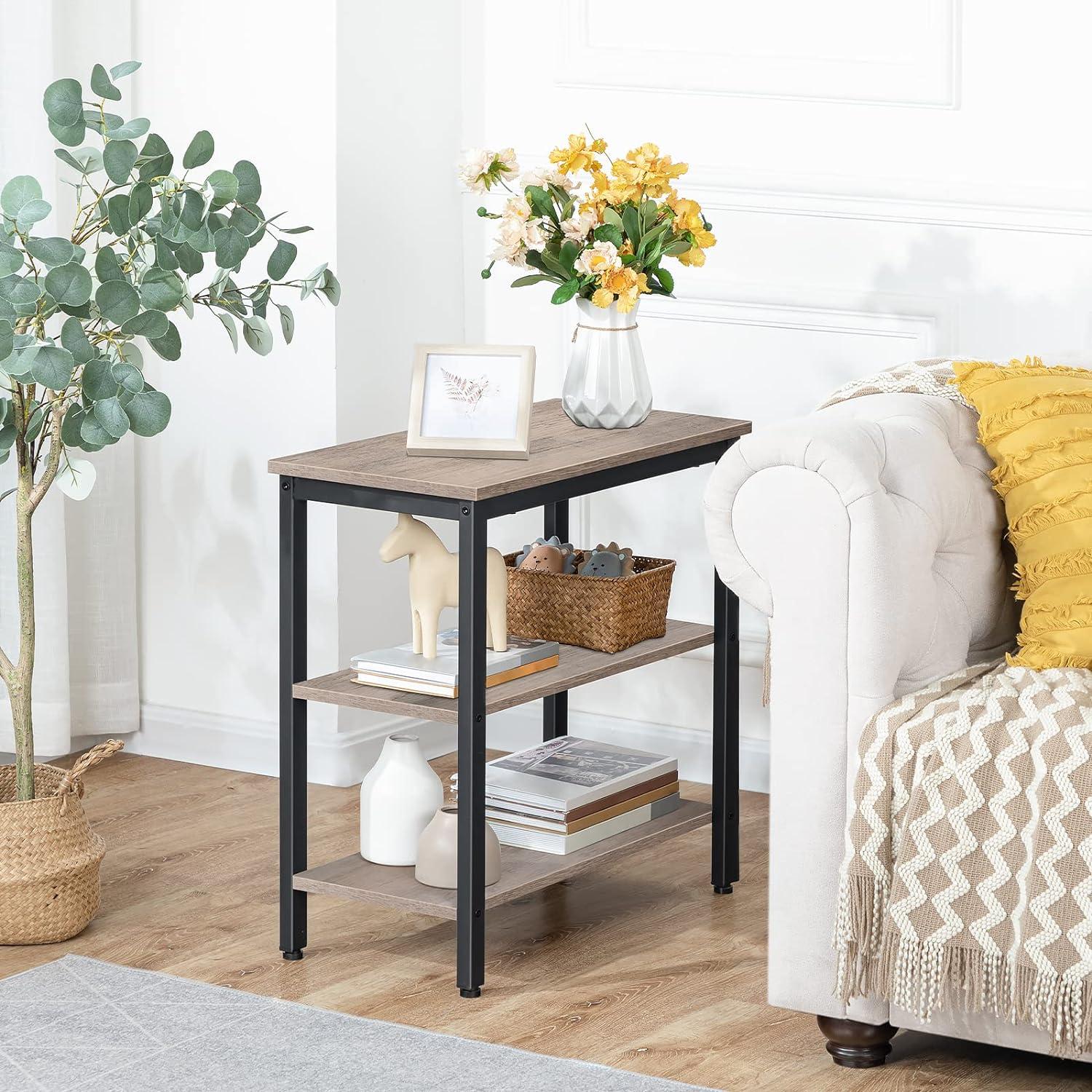 imageHOOBRO End Table Simple Rustic Side Table with 3Tier Storage Shelf Narrow Nightstand for Small Spaces for Living Room BedroomEasy Assembly Industrial Design Rustic Brown and Black BF14BZ01Greige Black