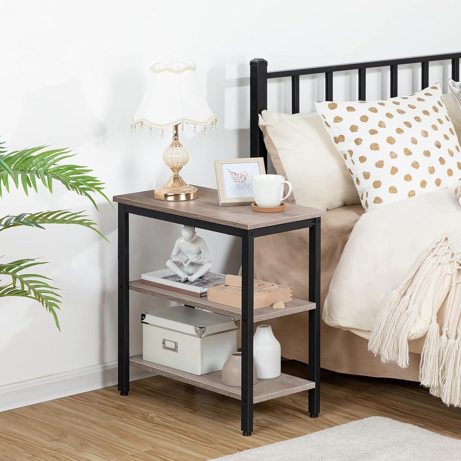 imageHOOBRO End Table Simple Rustic Side Table with 3Tier Storage Shelf Narrow Nightstand for Small Spaces for Living Room BedroomEasy Assembly Industrial Design Rustic Brown and Black BF14BZ01Greige Black