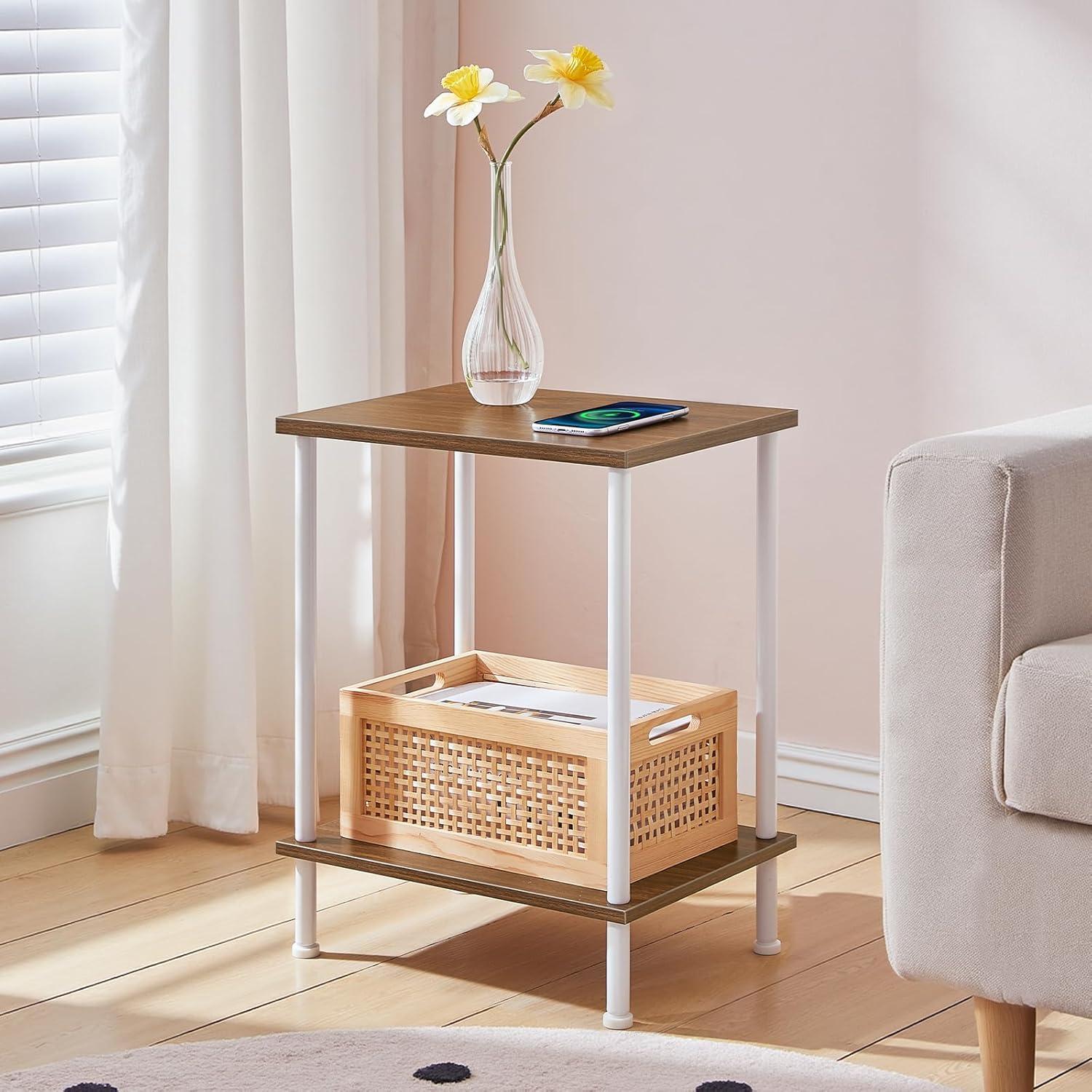 imageHOOBRO End Table Small Side Table Nightstand with 2Layer Storage Shelves Sofa Table for Small Spaces Living Room Bedroom Stable Frame Easy Assembly Rustic Brown BF09BZ01Walnut White