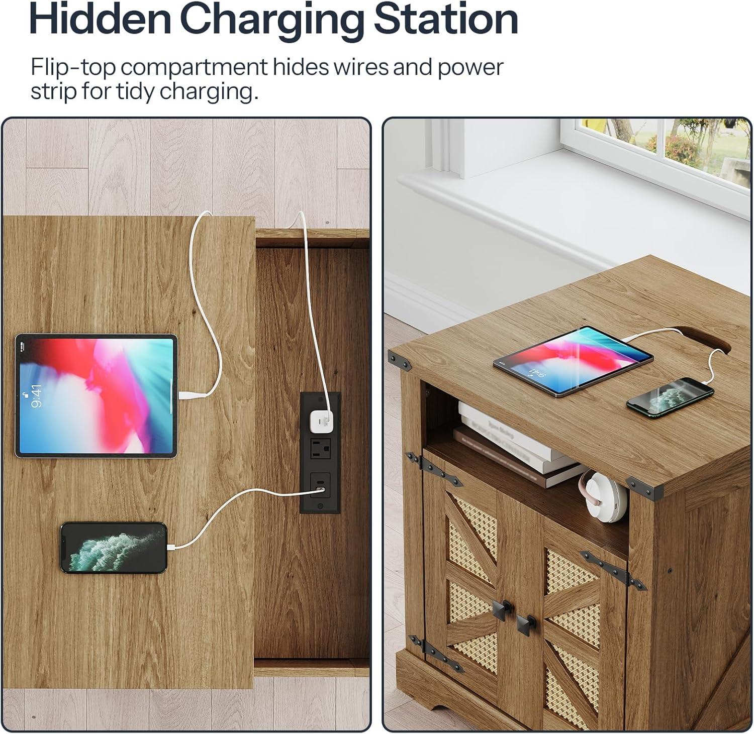 imageHOOBRO Farmhouse End Table Living Room 236 Large End Table with Charging Station Square Sofa Side Table Flip Tabletop Large Nightstand with Open Storage Tan Brown HN602UBZ011