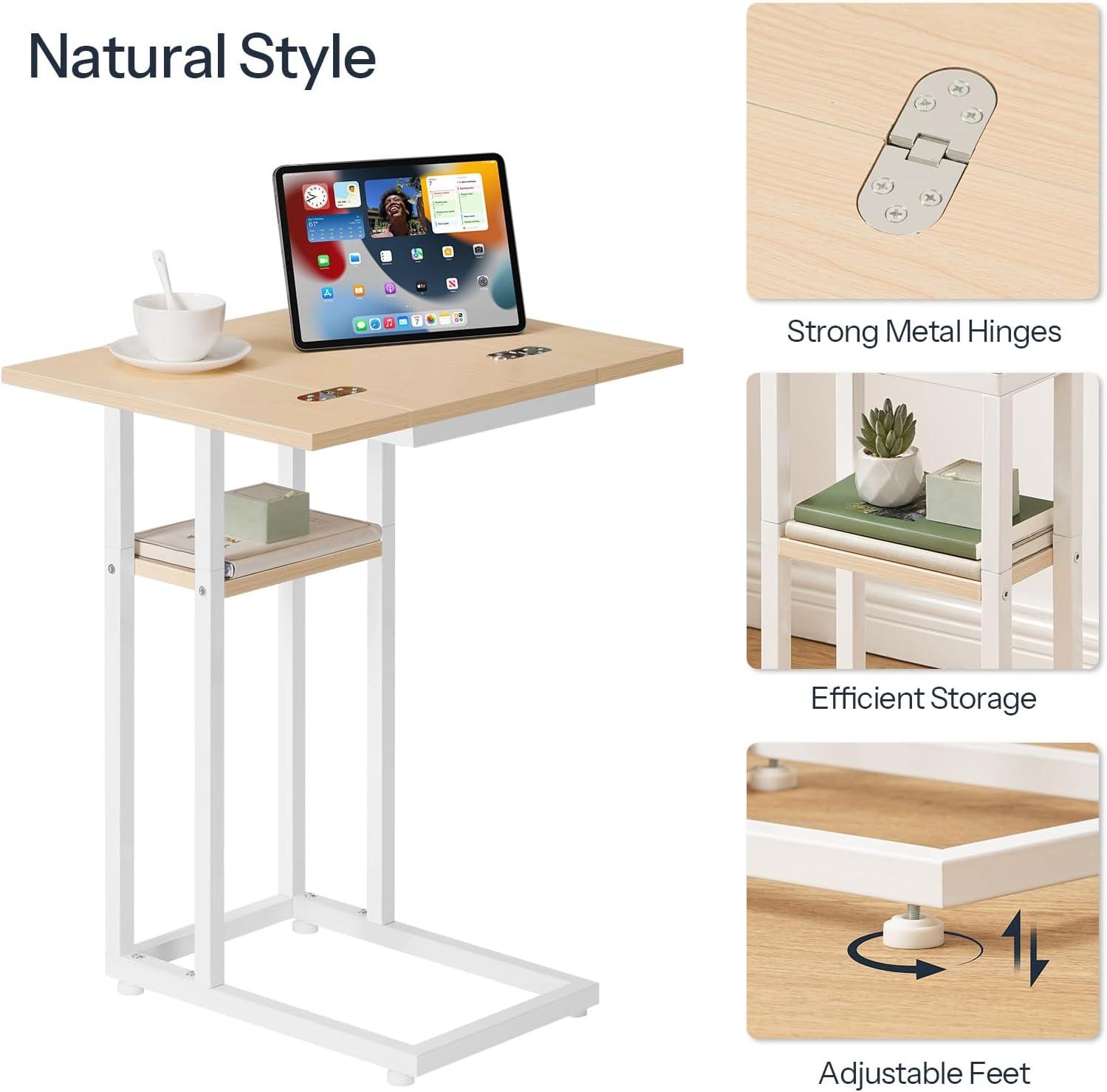 imageHOOBRO Foldable End Table C Shaped Side Table with Storage Shelf Small Snack Table Suitable for Living Room Bedroom Small Spaces Easy Assembly Rustic Brown BF29SF01White Natural