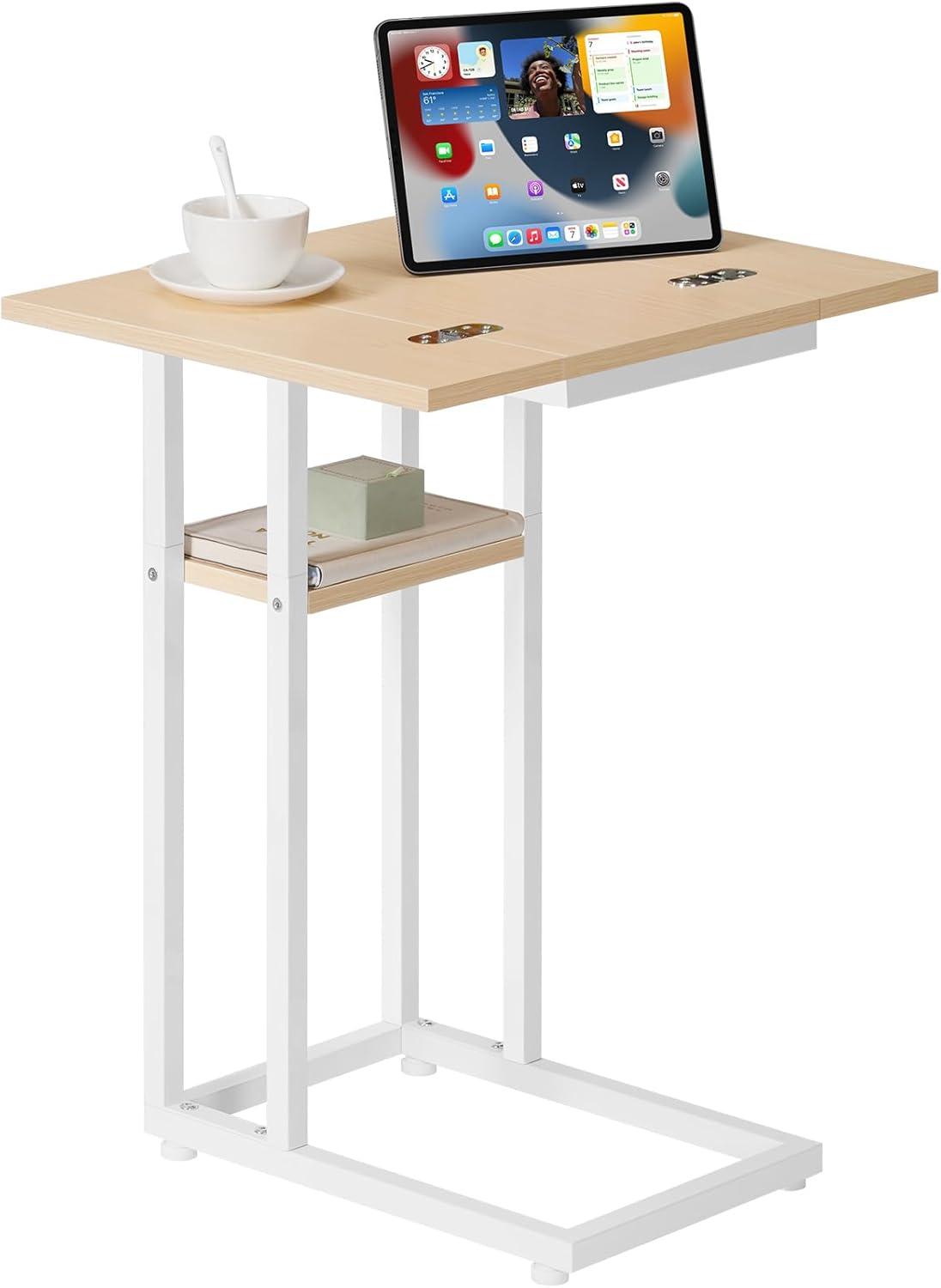 imageHOOBRO Foldable End Table C Shaped Side Table with Storage Shelf Small Snack Table Suitable for Living Room Bedroom Small Spaces Easy Assembly Rustic Brown BF29SF01White Natural