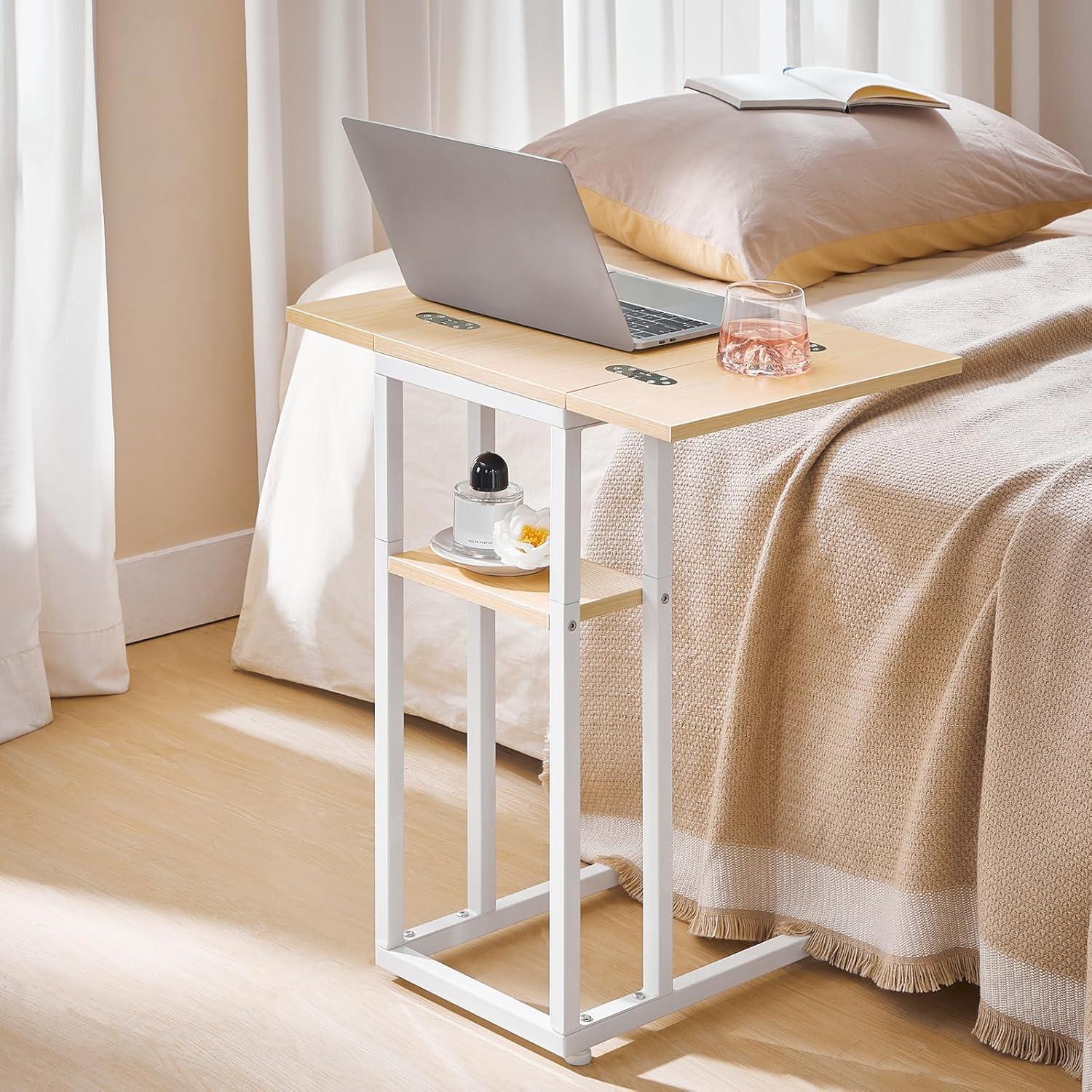 imageHOOBRO Foldable End Table C Shaped Side Table with Storage Shelf Small Snack Table Suitable for Living Room Bedroom Small Spaces Easy Assembly Rustic Brown BF29SF01White Natural