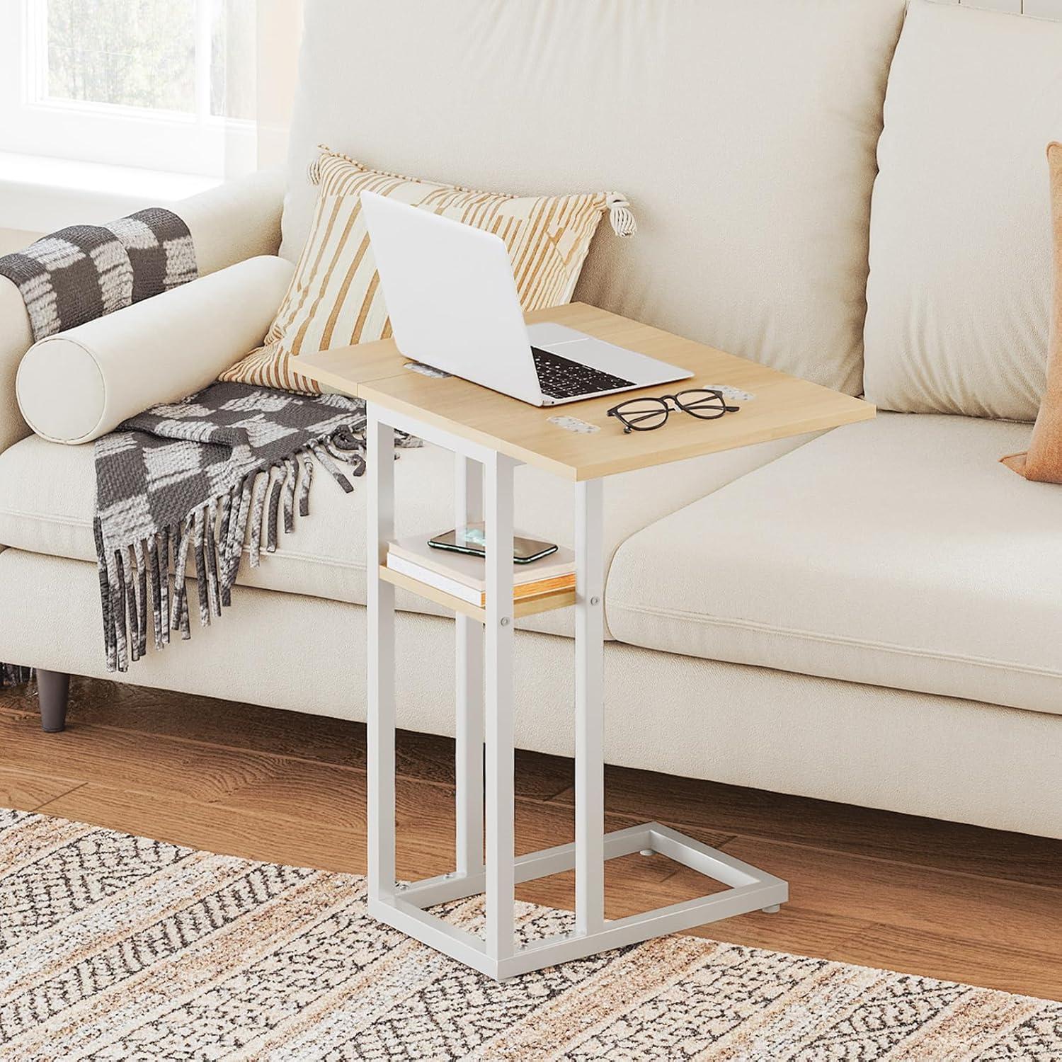 imageHOOBRO Foldable End Table C Shaped Side Table with Storage Shelf Small Snack Table Suitable for Living Room Bedroom Small Spaces Easy Assembly Rustic Brown BF29SF01White Natural