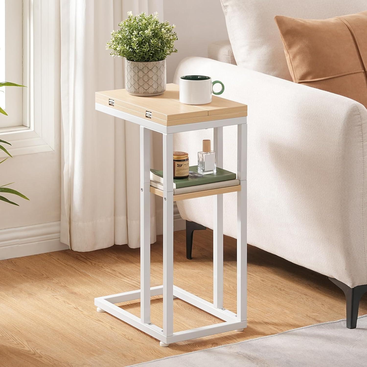 imageHOOBRO Foldable End Table C Shaped Side Table with Storage Shelf Small Snack Table Suitable for Living Room Bedroom Small Spaces Easy Assembly Rustic Brown BF29SF01White Natural