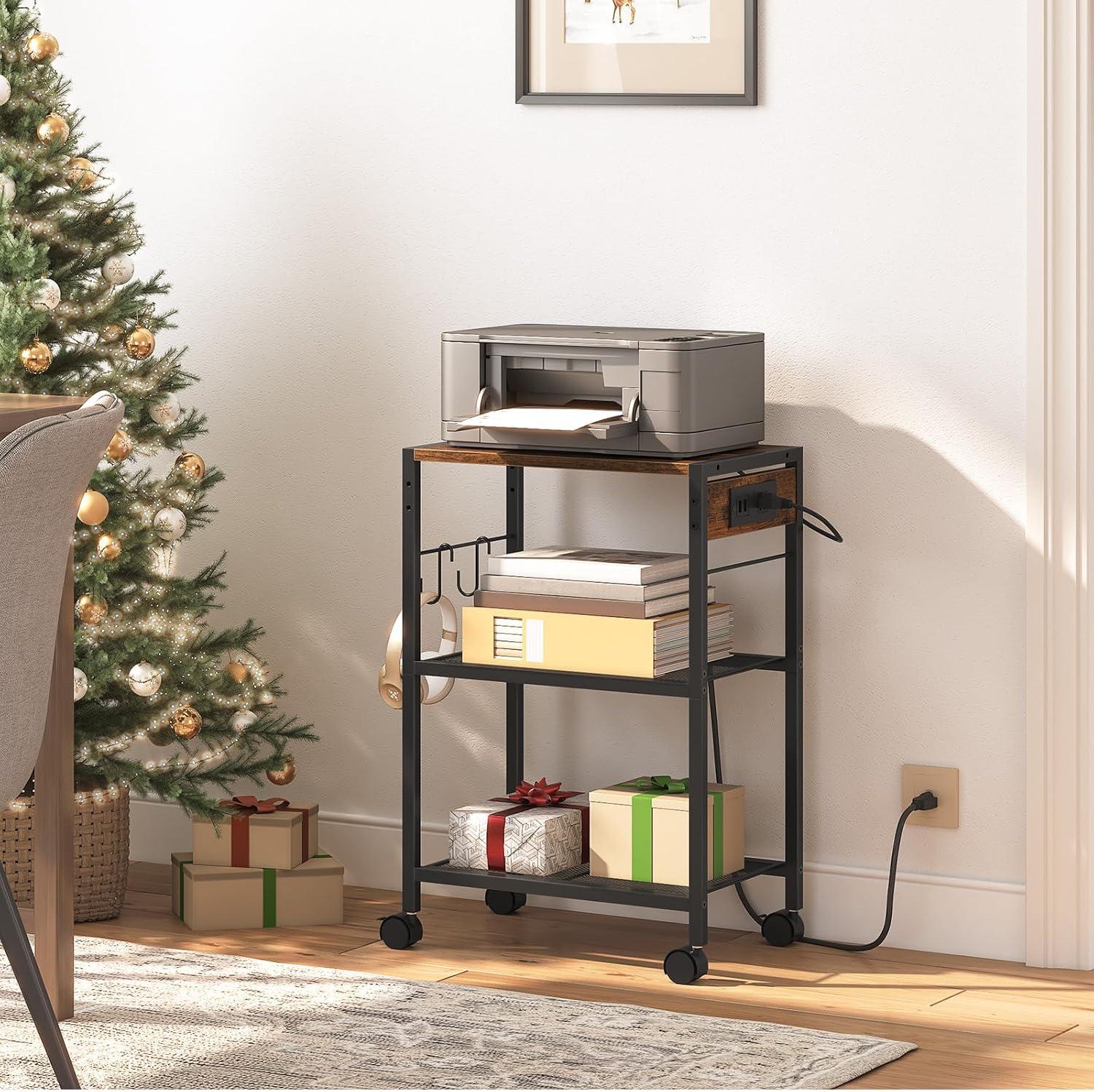 imageHOOBRO Industrial Printer Stand 3Tier Mobile Printer Table Rolling Cart with Power Outlets and USB Ports Home Printer Stand with 2 Hooks for Office Living Room Rustic Brown BF22UPS01Rustic Brown Black