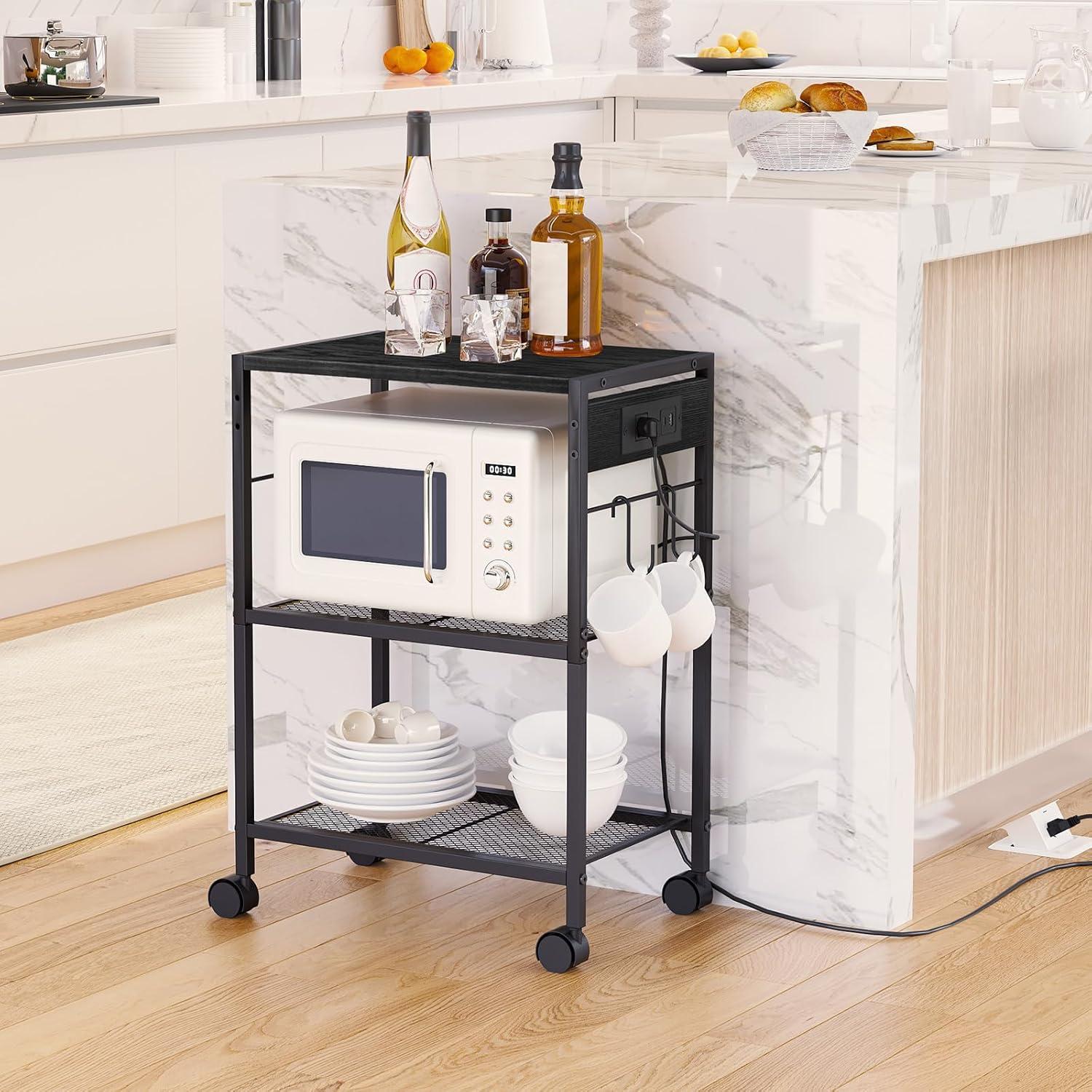 imageHOOBRO Industrial Printer Stand 3Tier Mobile Printer Table Rolling Cart with Power Outlets and USB Ports Home Printer Stand with 2 Hooks for Office Living Room Rustic Brown BF22UPS01Black