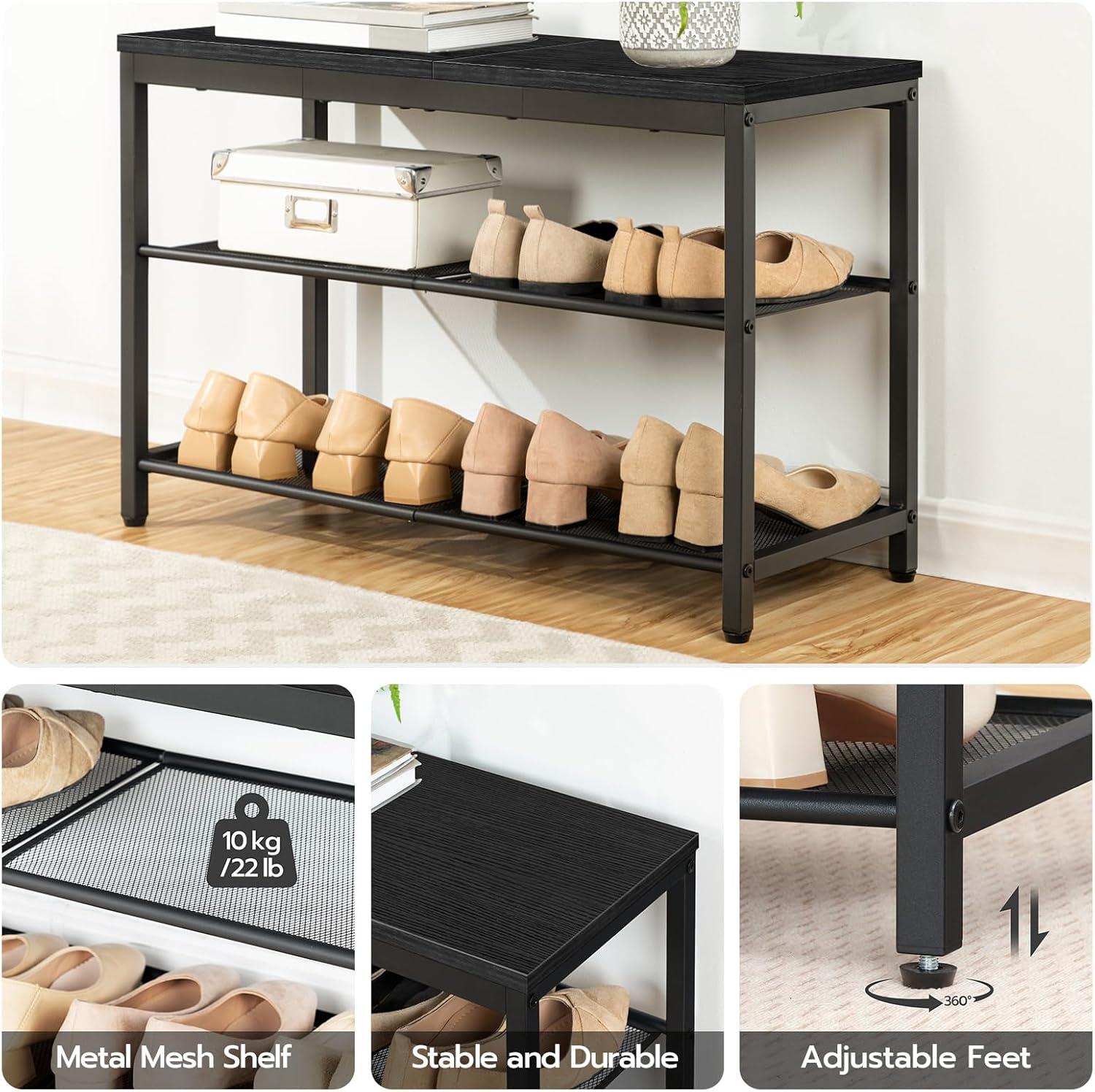imageHOOBRO Shoe Bench 3Tier Shoe Rack Industrial Shoe Organizer Storage Bench 295 inches Entry Bench with Mesh Shelves for Entryway Living Room Hallway Easy Assembly Greige BG75HX01Black