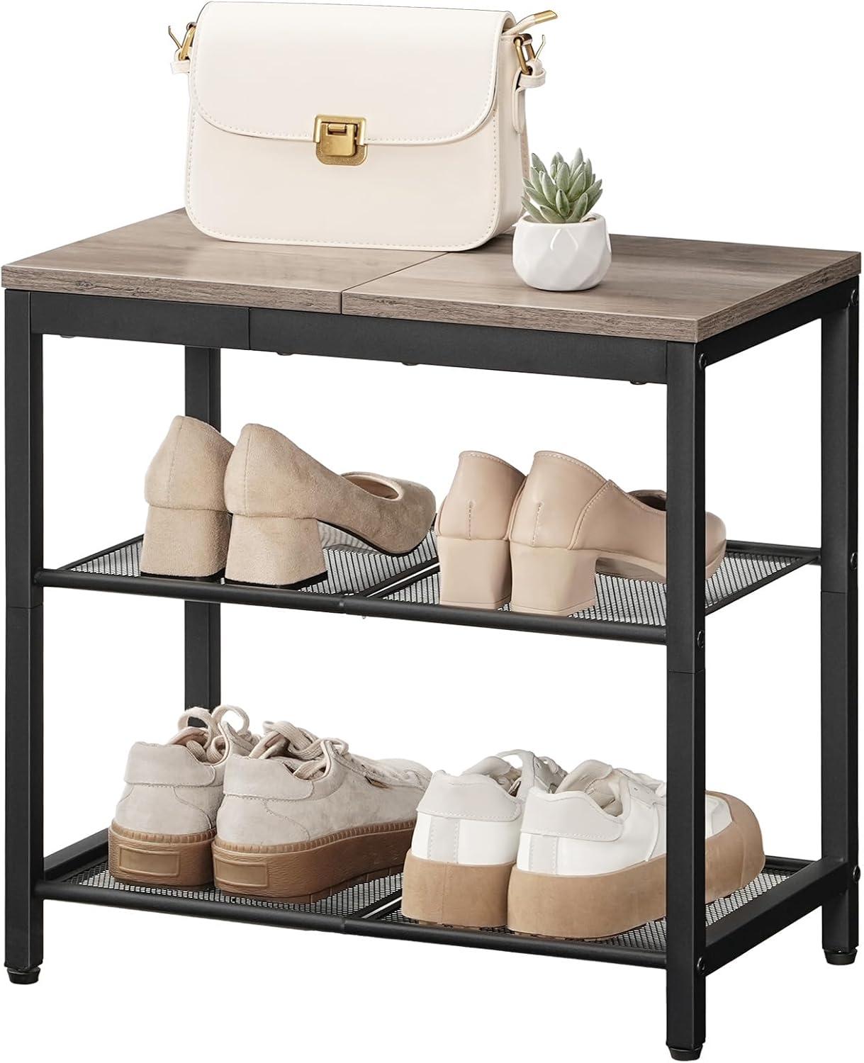 imageHOOBRO Shoe Bench 3Tier Shoe Rack Industrial Shoe Organizer Storage Bench 295 inches Entry Bench with Mesh Shelves for Entryway Living Room Hallway Easy Assembly Greige BG75HX01Greige Black