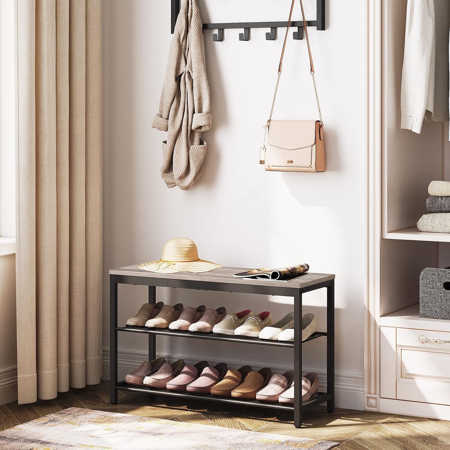 imageHOOBRO Shoe Bench 3Tier Shoe Rack Industrial Shoe Organizer Storage Bench 295 inches Entry Bench with Mesh Shelves for Entryway Living Room Hallway Easy Assembly Greige BG75HX01Greige Black