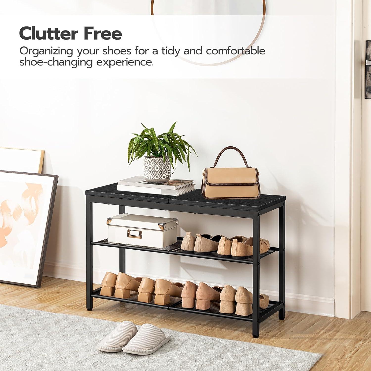 imageHOOBRO Shoe Bench 3Tier Shoe Rack Industrial Shoe Organizer Storage Bench 295 inches Entry Bench with Mesh Shelves for Entryway Living Room Hallway Easy Assembly Greige BG75HX01Black