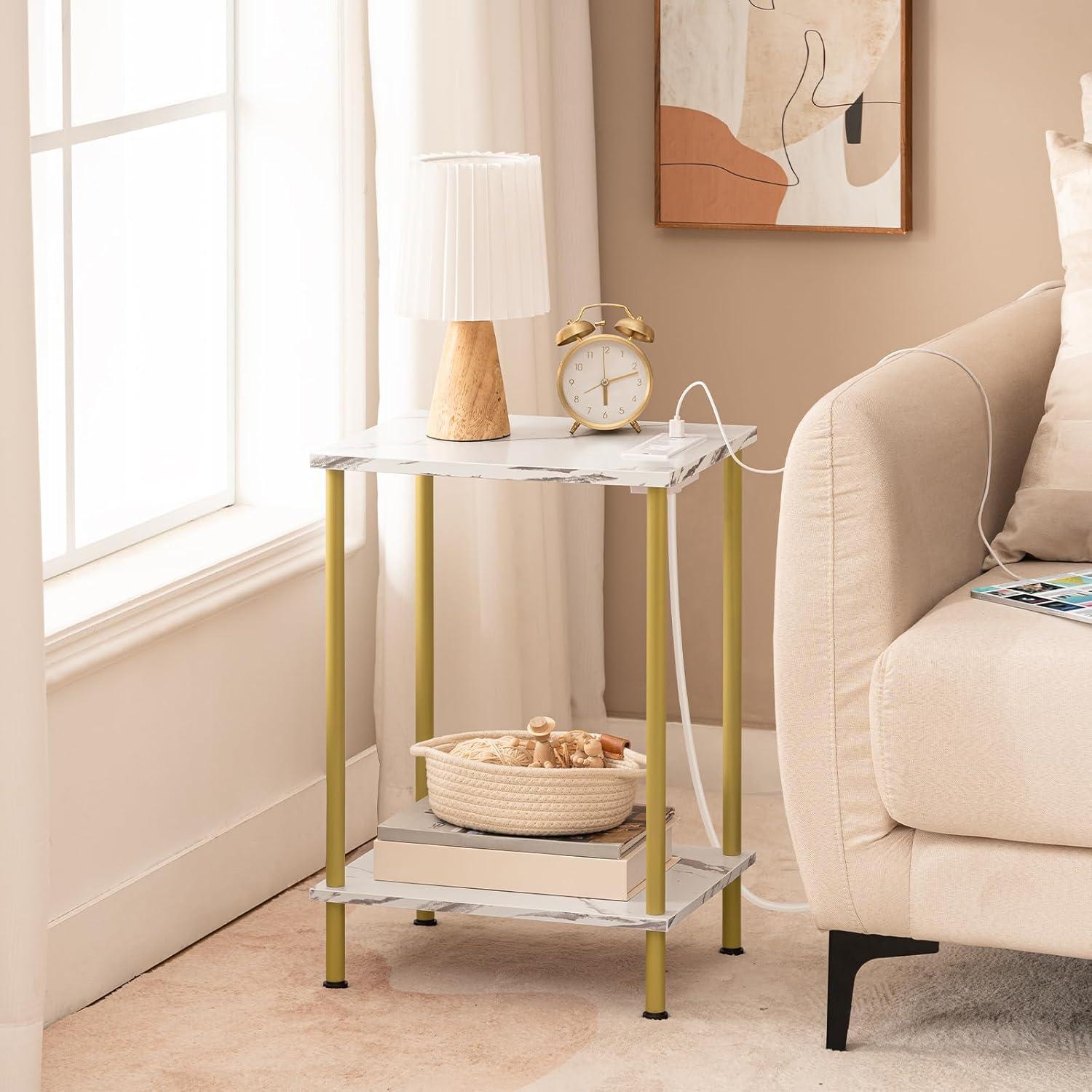 imageHOOBRO Side Table with Charging Station Small End Table with USB Port and Outlet Nightstand with 2Layer Storage Shelves for Small Spaces Living Room Bedroom Stable Frame Rustic Brown BF09UBZ01Marble Gold