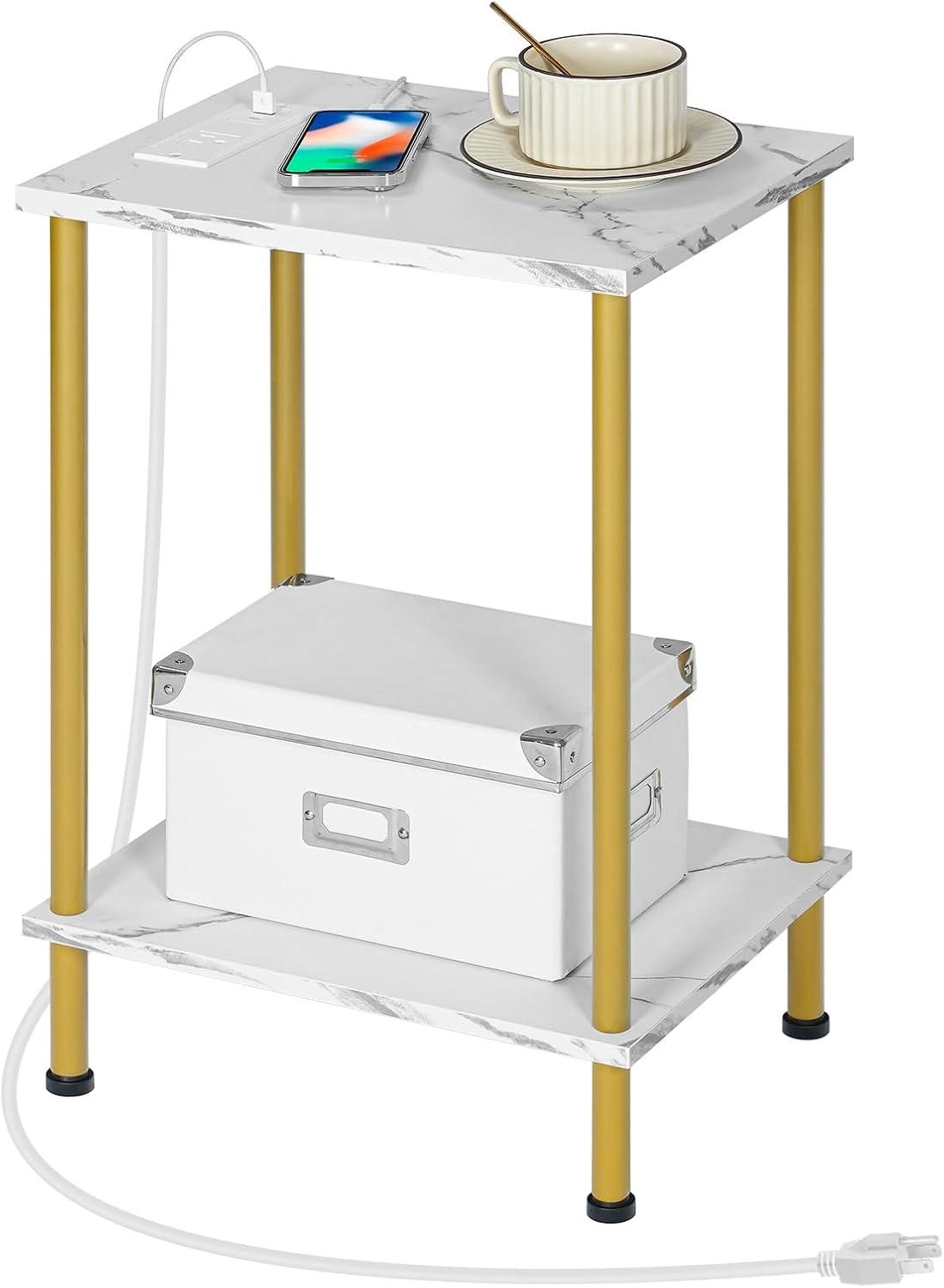 imageHOOBRO Side Table with Charging Station Small End Table with USB Port and Outlet Nightstand with 2Layer Storage Shelves for Small Spaces Living Room Bedroom Stable Frame Rustic Brown BF09UBZ01Marble Gold
