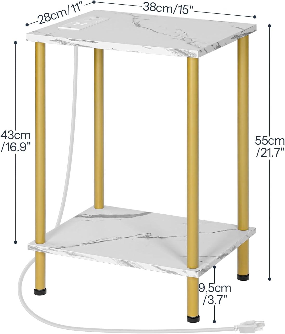 imageHOOBRO Side Table with Charging Station Small End Table with USB Port and Outlet Nightstand with 2Layer Storage Shelves for Small Spaces Living Room Bedroom Stable Frame Rustic Brown BF09UBZ01Marble Gold