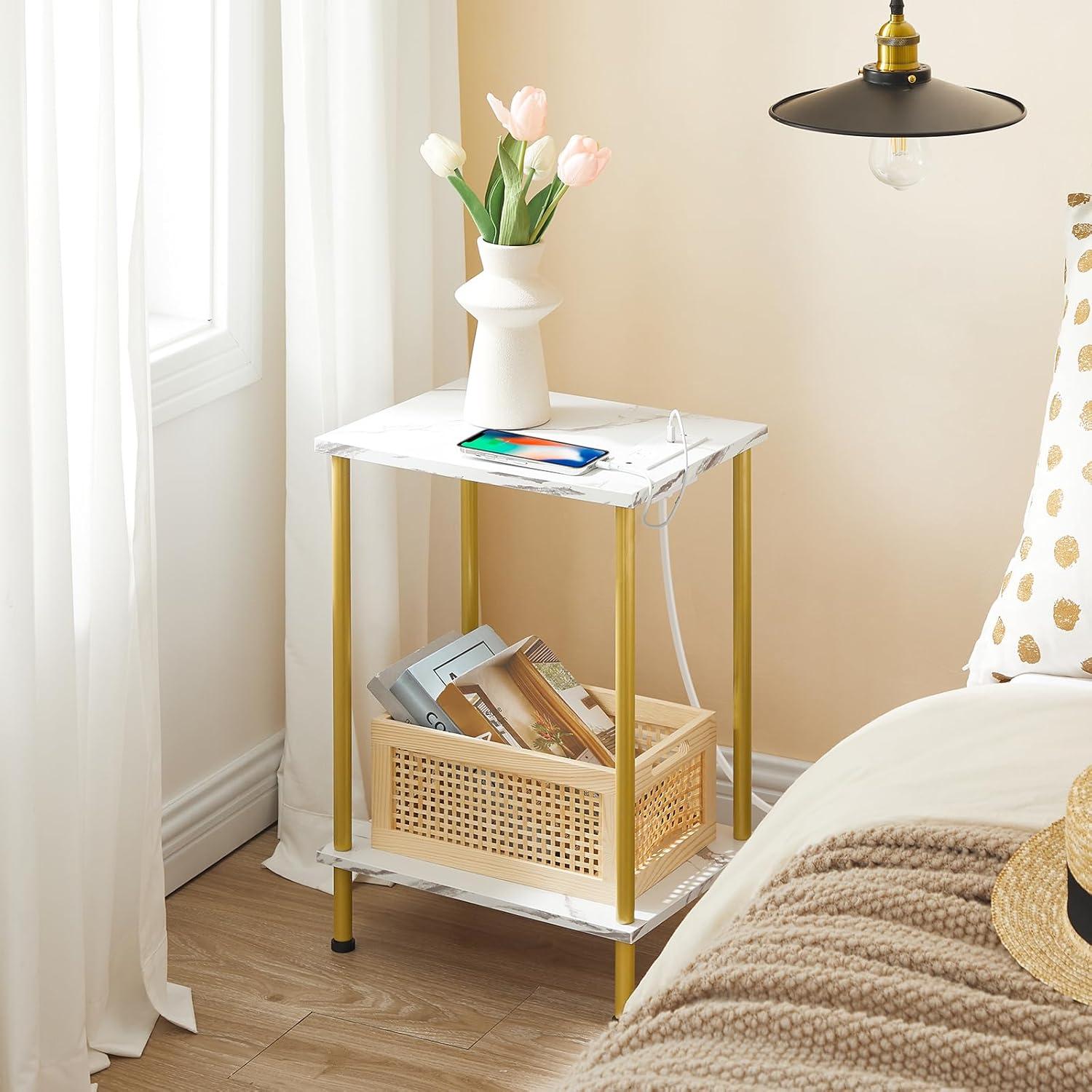 imageHOOBRO Side Table with Charging Station Small End Table with USB Port and Outlet Nightstand with 2Layer Storage Shelves for Small Spaces Living Room Bedroom Stable Frame Rustic Brown BF09UBZ01Marble Gold