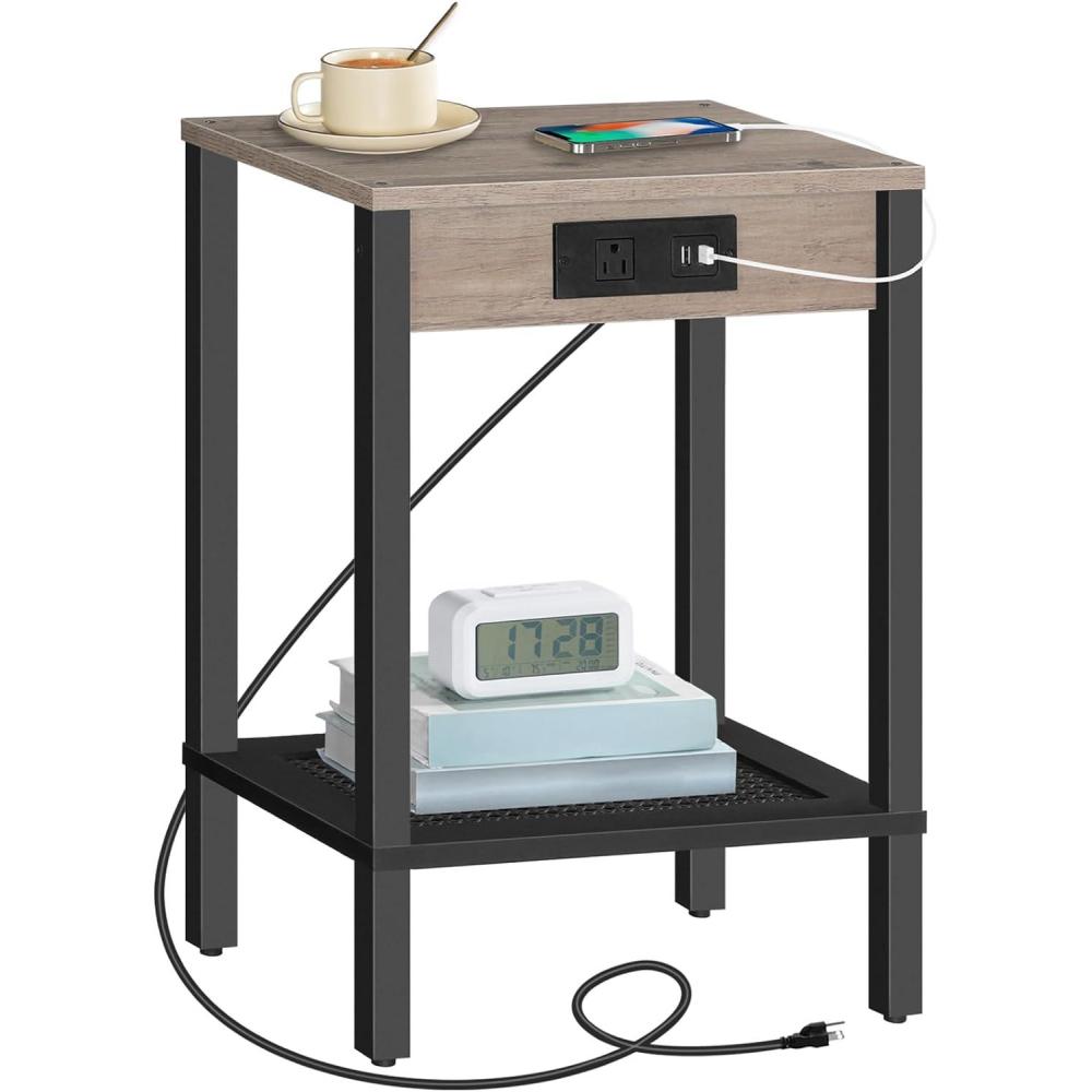 imageHOOBRO Small Side Table with Charging Station End Table with USB Ports and Outlet Nightstand with 2Tier Storage Shelf Faux Rattan Decoration for Small Space Rustic Brown and Black BF91UBZ01Greige  Black