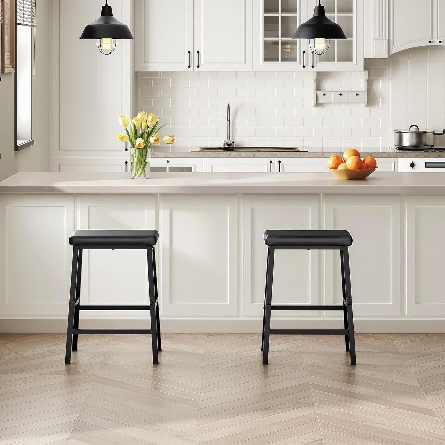 imageHOOBRO Bar Stools Set of 2 Bar Chairs Counter Height Bar Stools 24 Inch Barstools for Kitchen Counter PU Upholstered Kitchen Stools for Kitchen Bar Dining Room Black BB01MD01Black