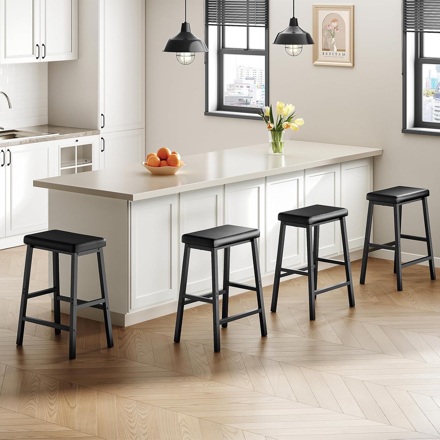 imageHOOBRO Bar Stools Set of 2 Bar Chairs Counter Height Bar Stools 24 Inch Barstools for Kitchen Counter PU Upholstered Kitchen Stools for Kitchen Bar Dining Room Black BB01MD01Black