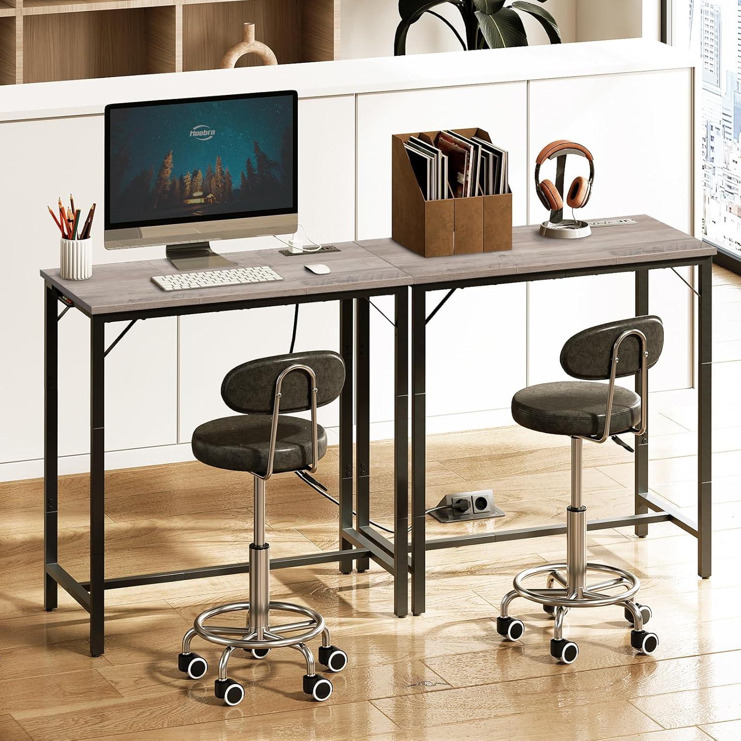 imageHOOBRO Bar Table with Charging Station Rectangular Pub Table High Top Coffee Table Counter Bar Height Table Narrow Long Dining Table 354 L x 157 W x 356 H Rustic Brown and Black BF90UBT01Greige Black