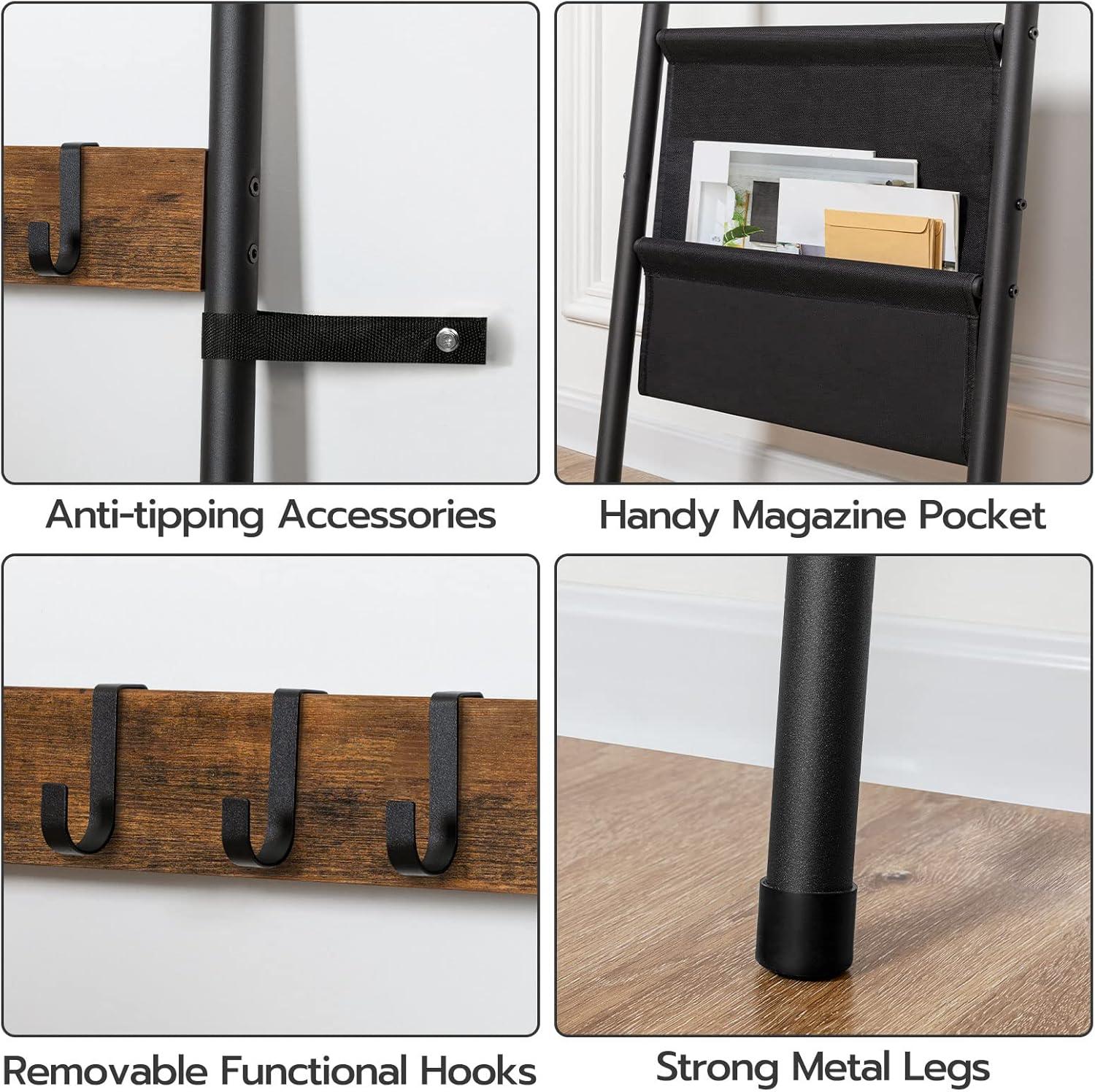 imageHOOBRO Blanket Ladder 5 Tier Towel Rack 173 L x 63 H WallLeaning Blanket Rack for Living Room Decorative Ladder with 4 Hooks and Magazine Pocket Rustic Brown BF32CJ01Rustic Brown Black