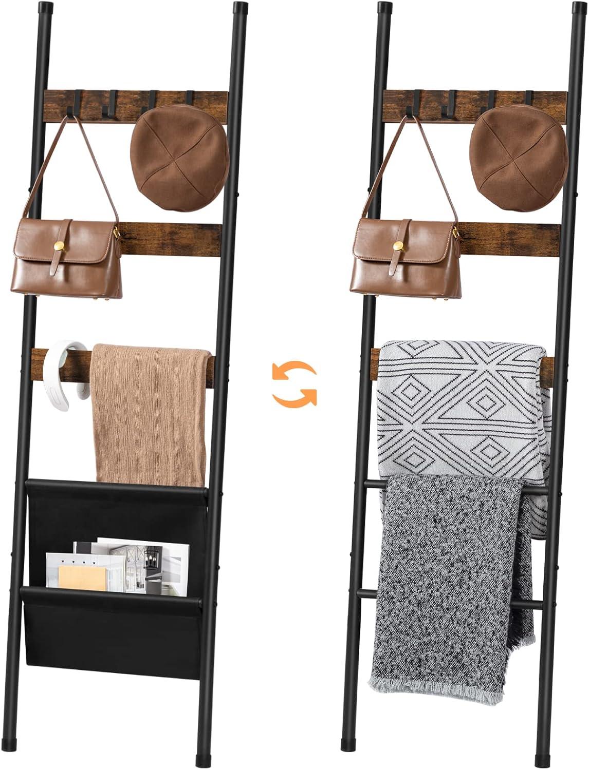 imageHOOBRO Blanket Ladder 5 Tier Towel Rack 173 L x 63 H WallLeaning Blanket Rack for Living Room Decorative Ladder with 4 Hooks and Magazine Pocket Rustic Brown BF32CJ01Rustic Brown Black