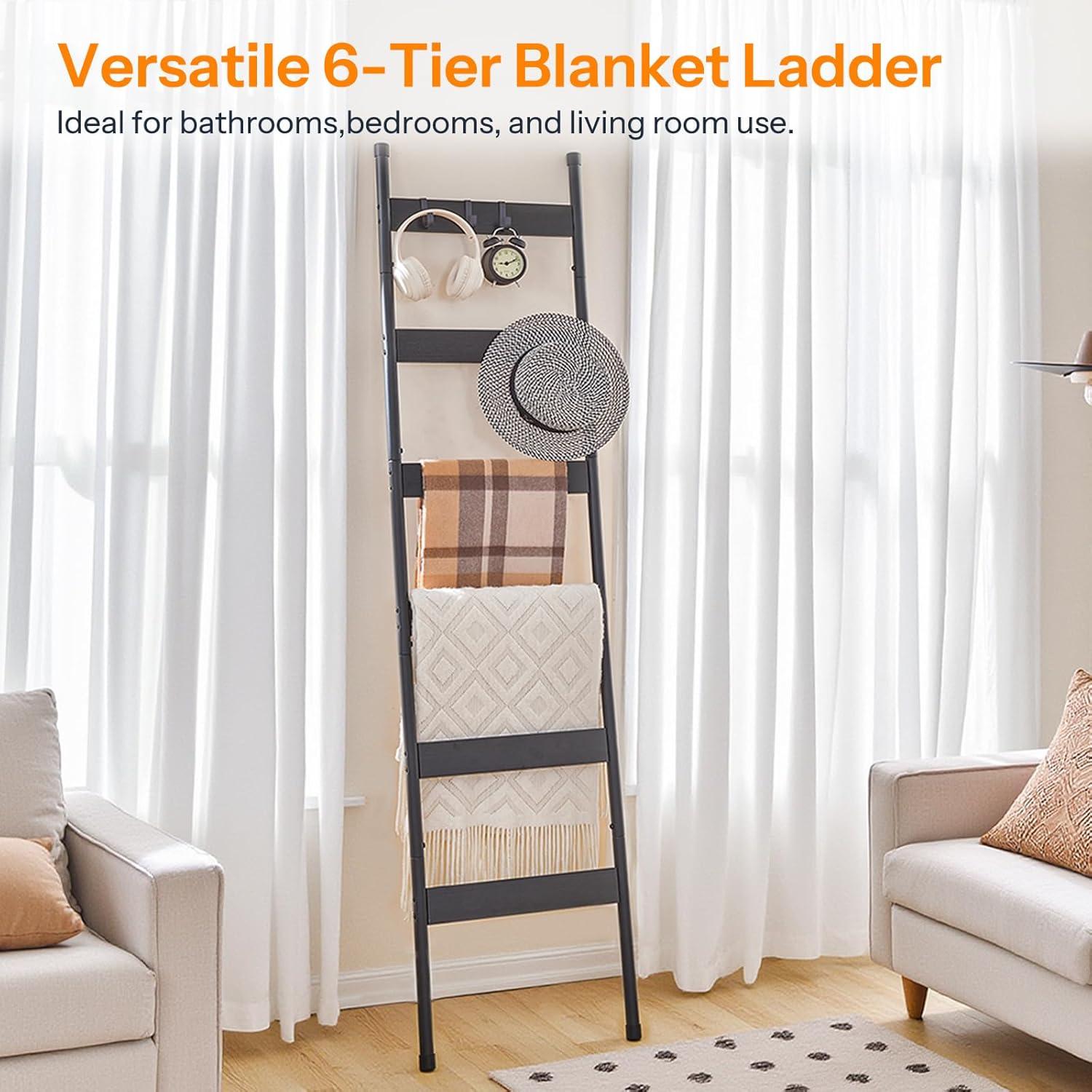 imageHOOBRO Blanket Ladder 5Tier Towel Rack with Hooks WallLeaning Blanket Rack Decorative Display Ladder Shelf for Scarves Industrial Living Room Bedroom Rustic Brown and Black BF52CJ01Black Black