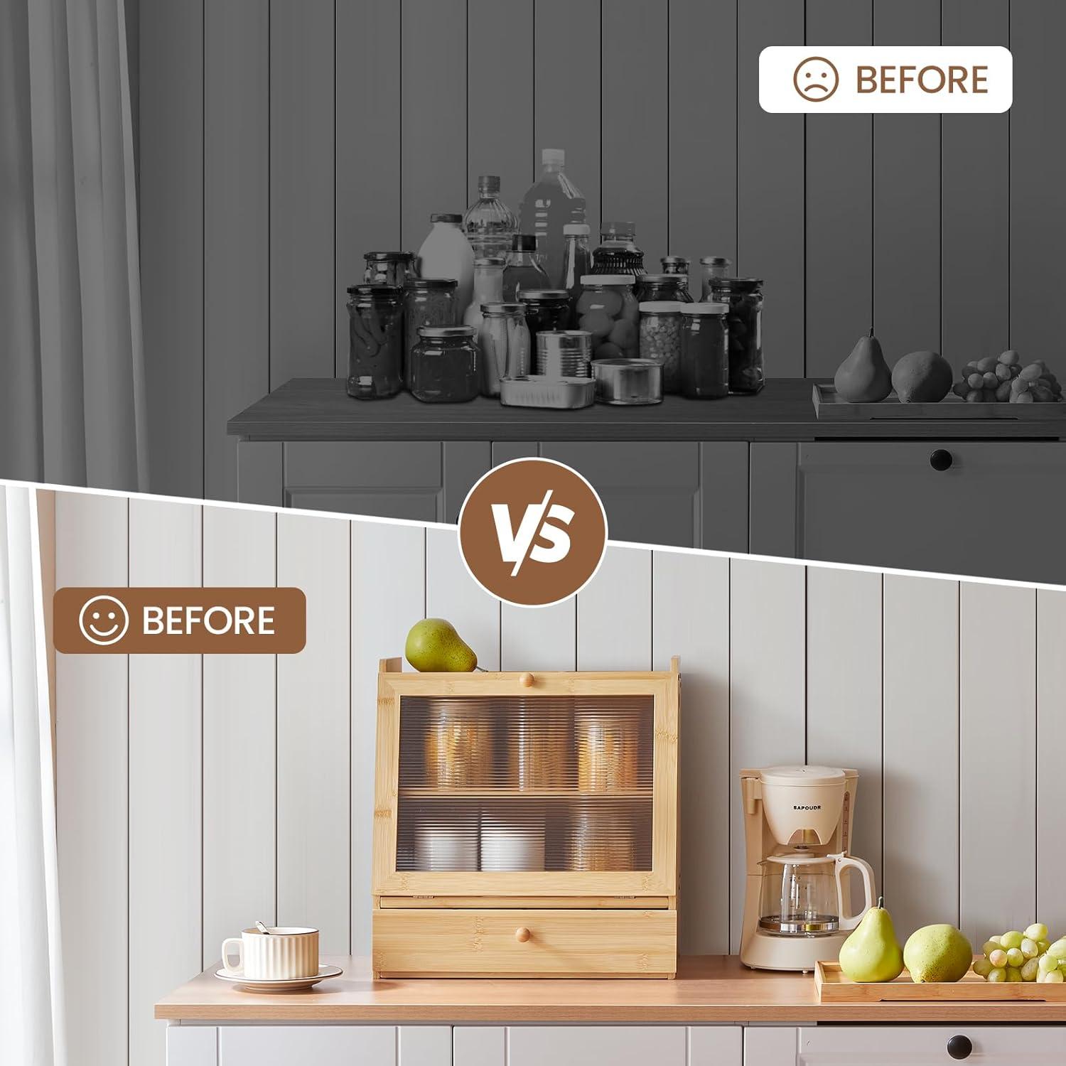 imageHOOBRO Bread Box Bamboo Bread Box Storage Container with Drawer 2Tier Kitchen Countertop Food Storage Box with Acrylic Door for Food Natural YL21MB01