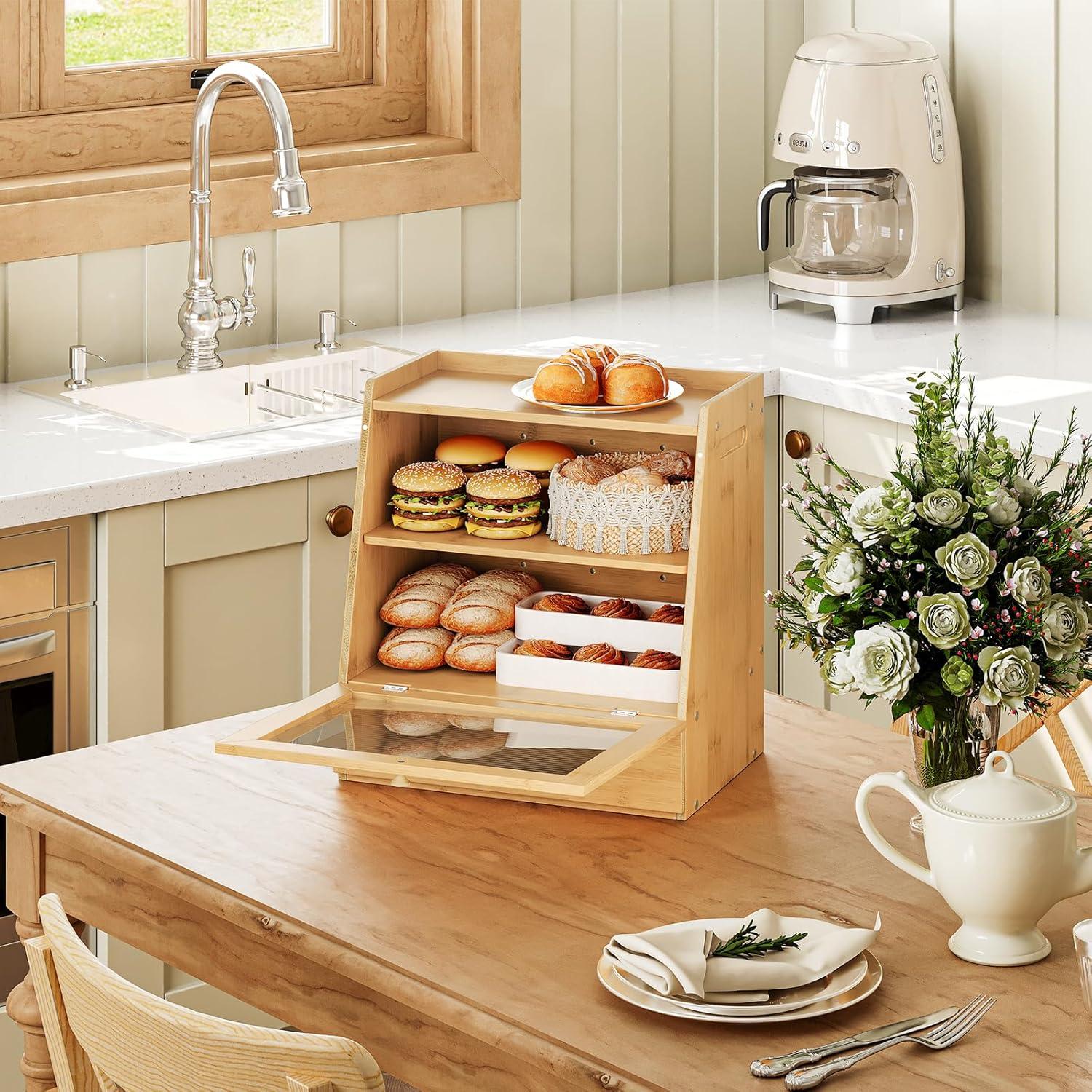 imageHOOBRO Bread Box Bamboo Bread Box Storage Container with Drawer 2Tier Kitchen Countertop Food Storage Box with Acrylic Door for Food Natural YL21MB01