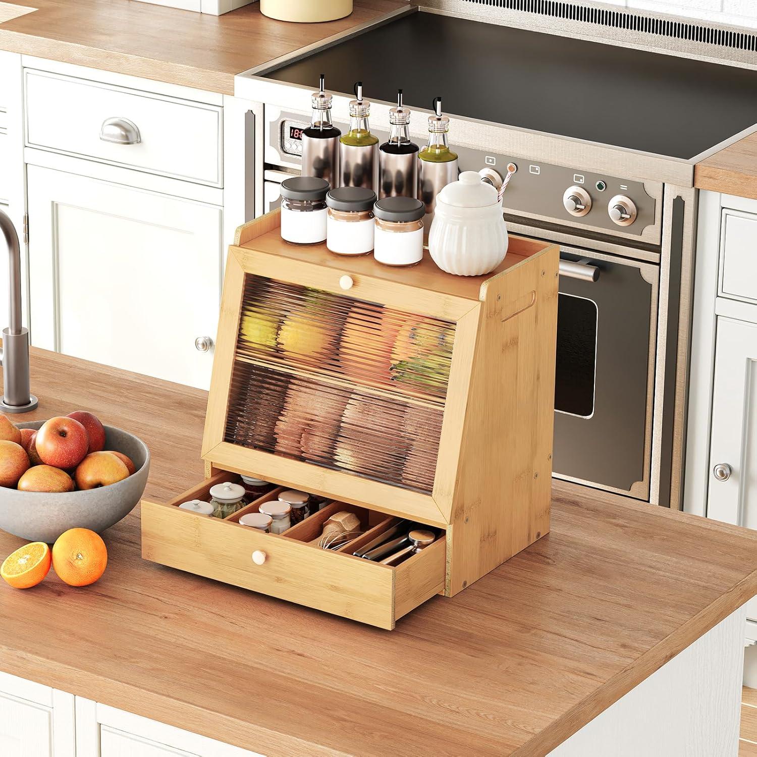 imageHOOBRO Bread Box Bamboo Bread Box Storage Container with Drawer 2Tier Kitchen Countertop Food Storage Box with Acrylic Door for Food Natural YL21MB01