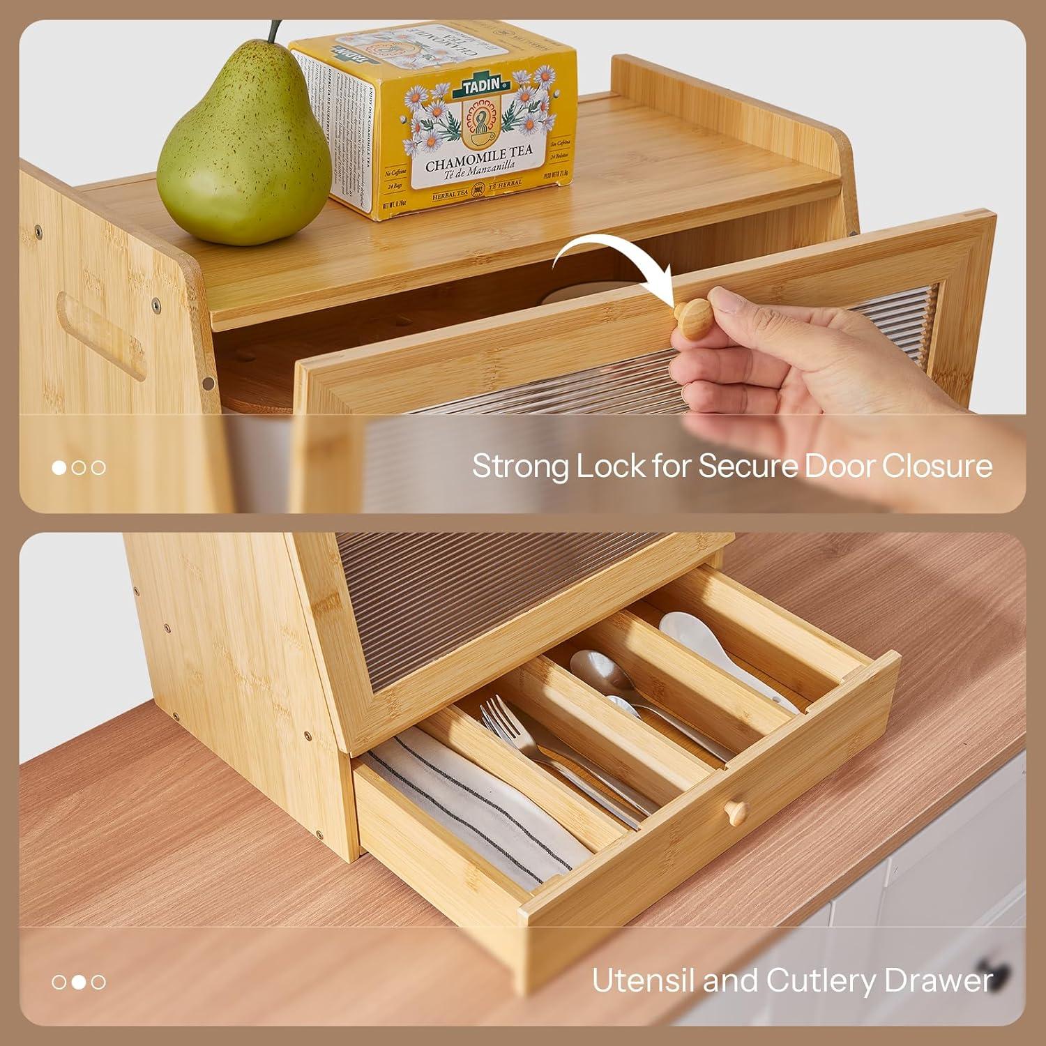 imageHOOBRO Bread Box Bamboo Bread Box Storage Container with Drawer 2Tier Kitchen Countertop Food Storage Box with Acrylic Door for Food Natural YL21MB01