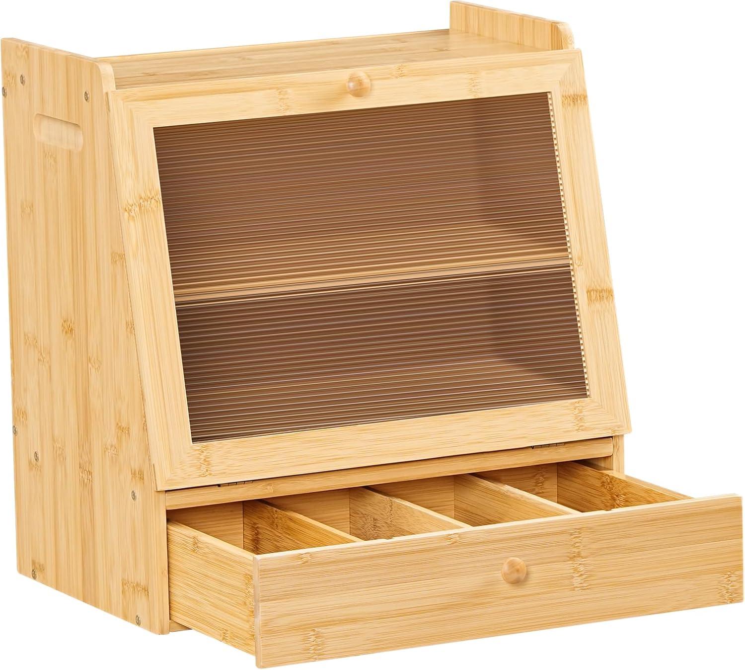 imageHOOBRO Bread Box Bamboo Bread Box Storage Container with Drawer 2Tier Kitchen Countertop Food Storage Box with Acrylic Door for Food Natural YL21MB01