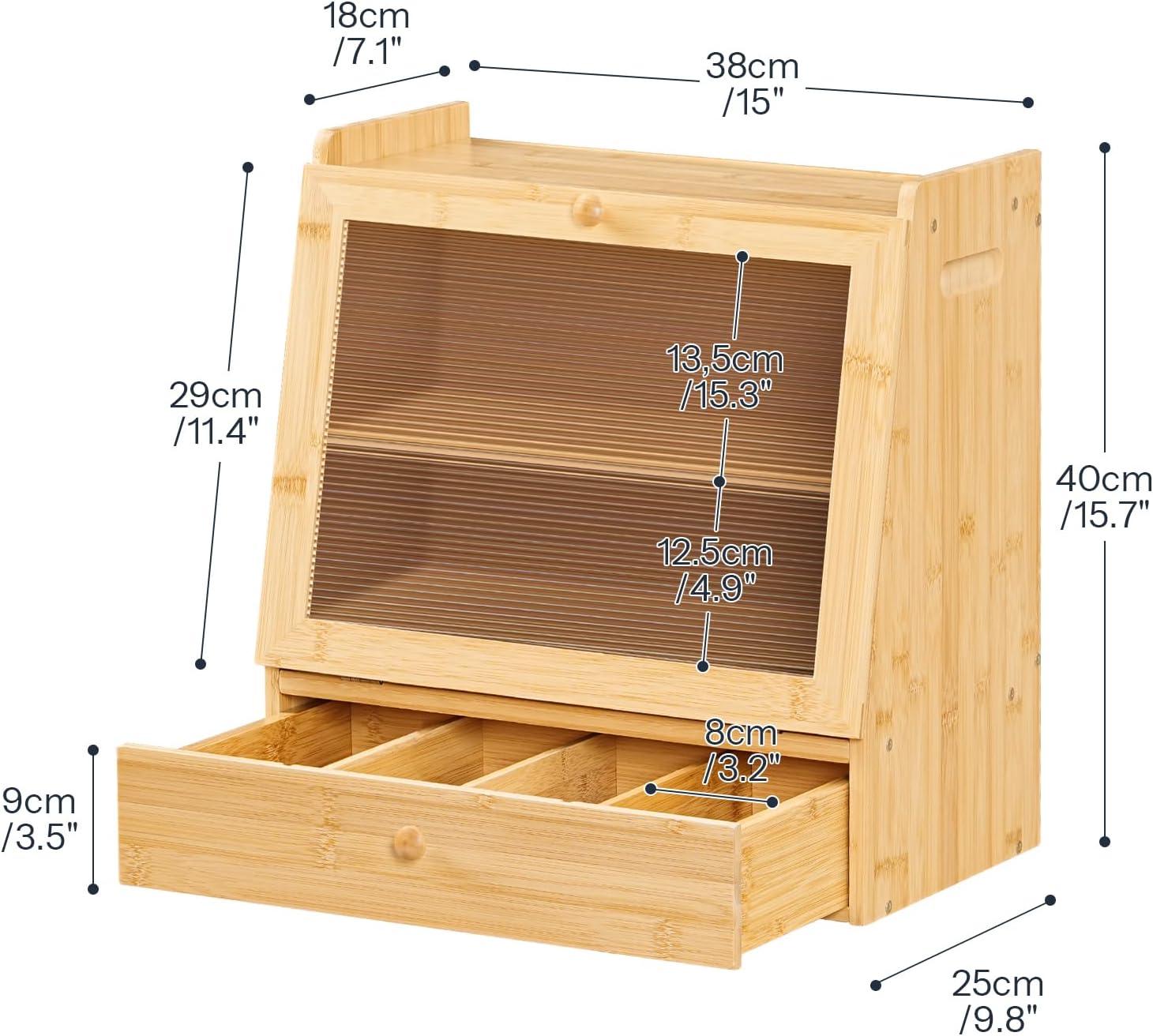 imageHOOBRO Bread Box Bamboo Bread Box Storage Container with Drawer 2Tier Kitchen Countertop Food Storage Box with Acrylic Door for Food Natural YL21MB01