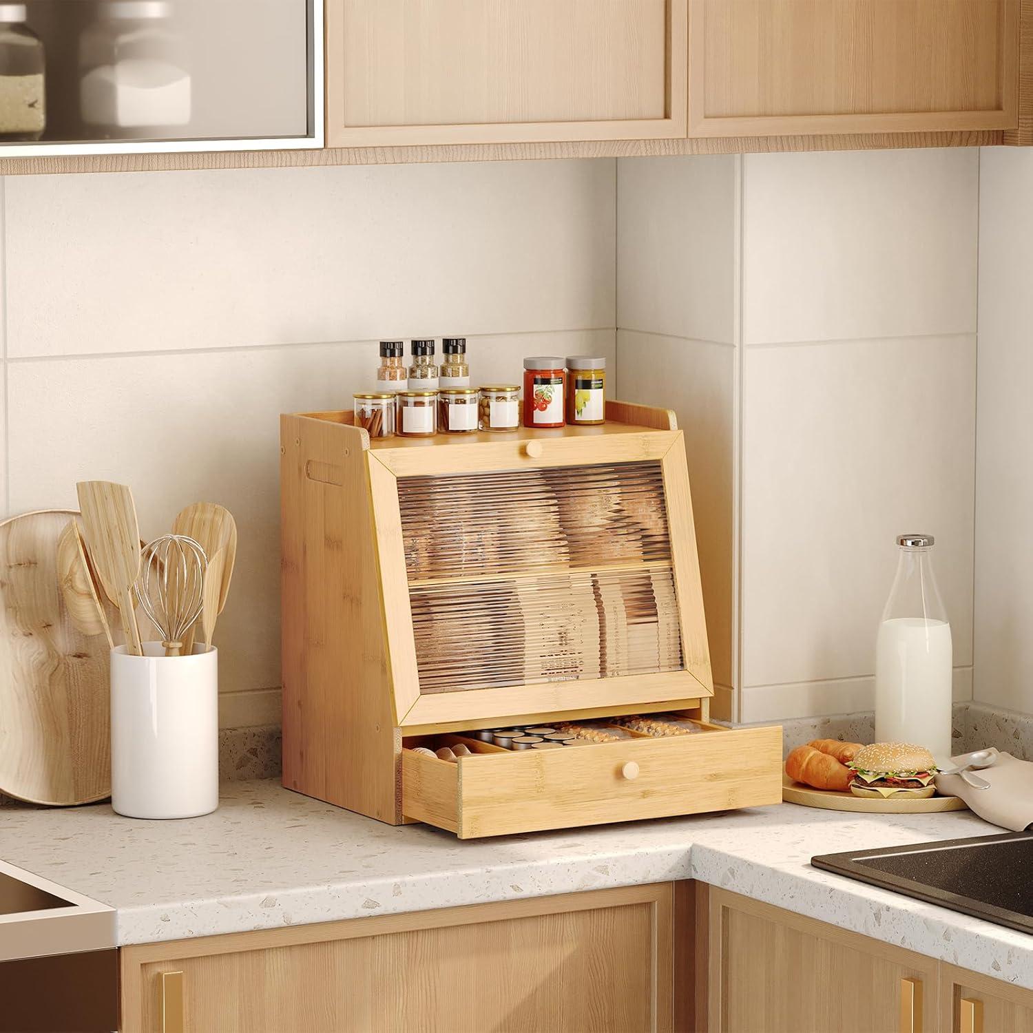 imageHOOBRO Bread Box Bamboo Bread Box Storage Container with Drawer 2Tier Kitchen Countertop Food Storage Box with Acrylic Door for Food Natural YL21MB01