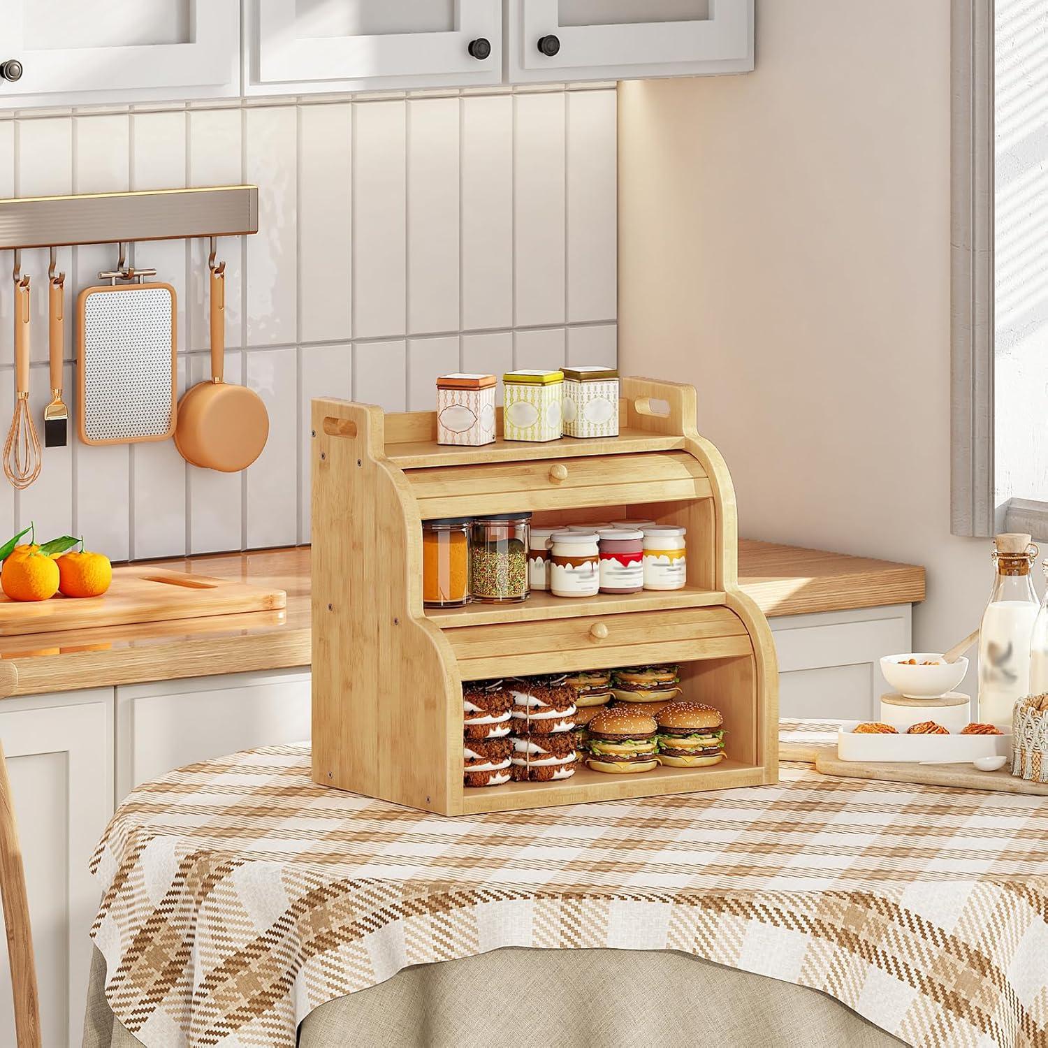 imageHOOBRO Bread Box Bamboo Bread Box for Kitchen Countertop 2Tier RollTop Bread Bin Food Storage Box Bamboo Storage Cabinet with Handles for Kitchen Dining Room Natural YL15MB01