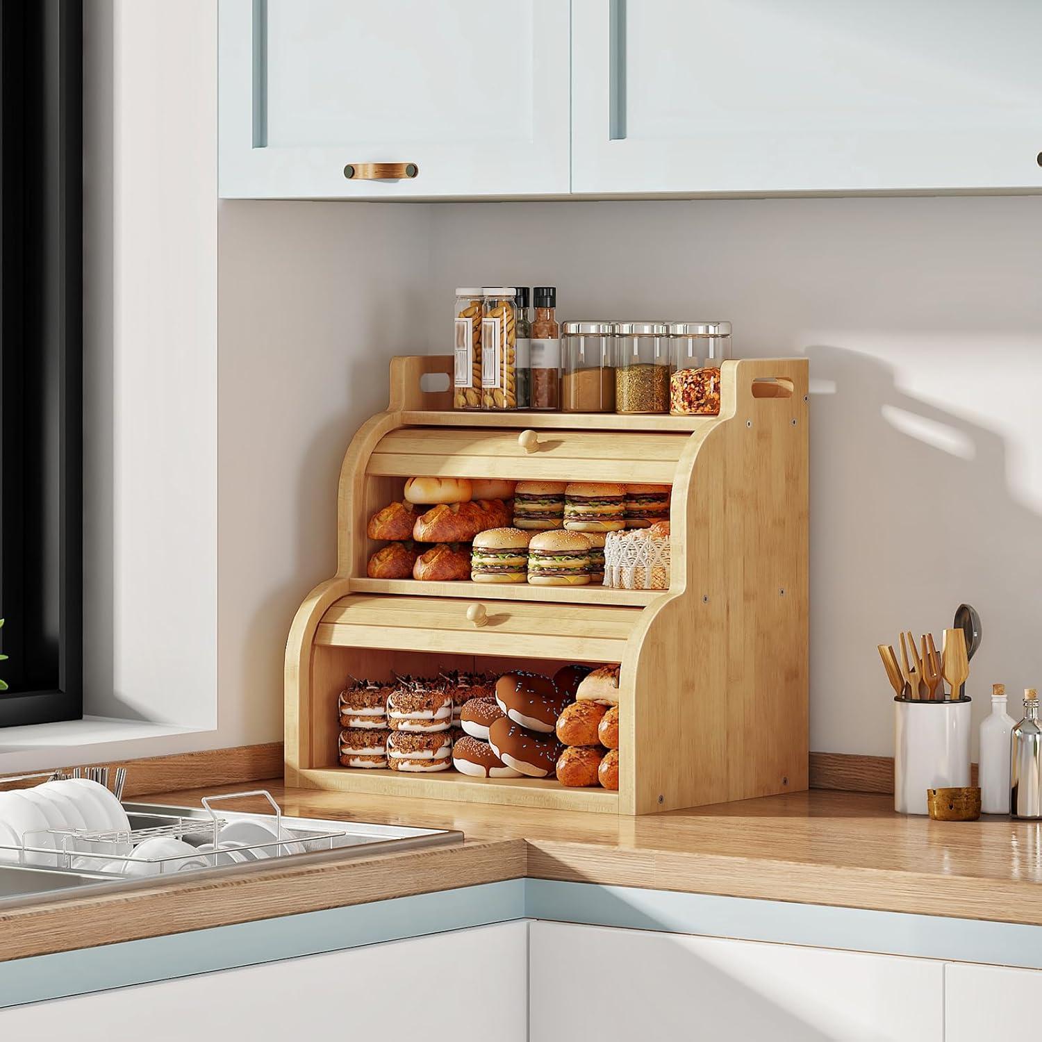 imageHOOBRO Bread Box Bamboo Bread Box for Kitchen Countertop 2Tier RollTop Bread Bin Food Storage Box Bamboo Storage Cabinet with Handles for Kitchen Dining Room Natural YL15MB01