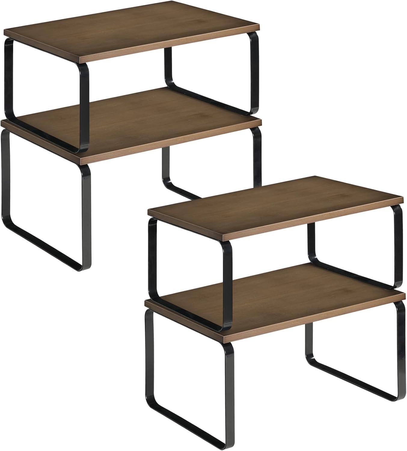 imageHOOBRO Cabinet Organizer Shelf Set of 4 Kitchen Counter Shelves Expandable Kitchen Storage Stackable Bamboo Spice Rack for Kitchen Countertop Office Desk Bathroom Natural and Black YB30TLP201Mocha Black