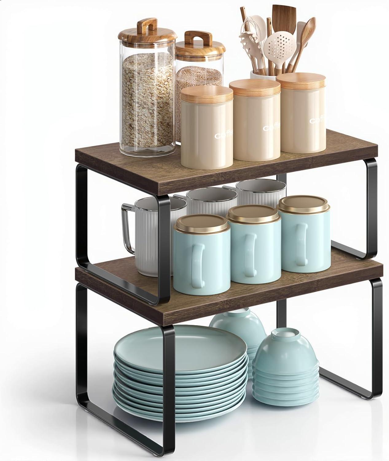 imageHOOBRO Cabinet Organizer Shelf Set of 4 Kitchen Counter Shelves Expandable Kitchen Storage Stackable Bamboo Spice Rack for Kitchen Countertop Office Desk Bathroom Natural and Black YB30TLP201Mocha Black