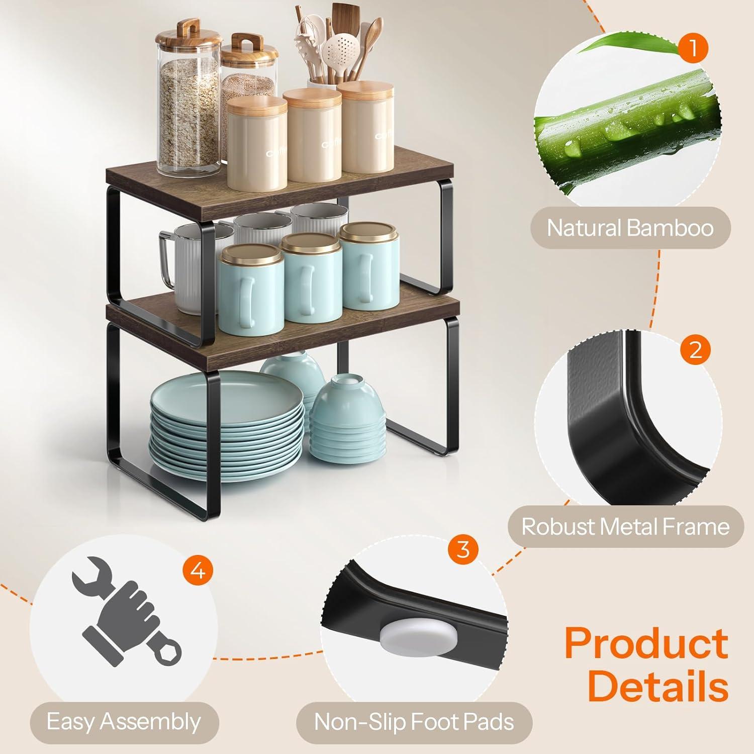 imageHOOBRO Cabinet Organizer Shelf Set of 4 Kitchen Counter Shelves Expandable Kitchen Storage Stackable Bamboo Spice Rack for Kitchen Countertop Office Desk Bathroom Natural and Black YB30TLP201Mocha Black