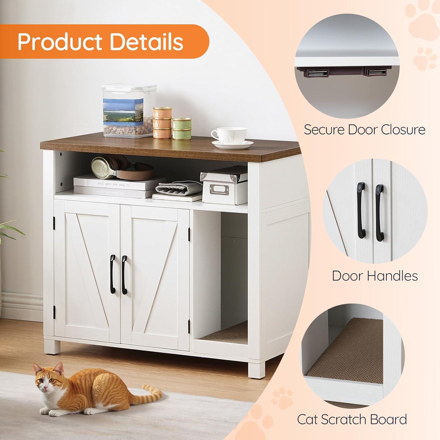 imageHOOBRO Cat Litter Box Enclosure Farmhouse Hidden Litter Box with Scratch Pad Litter Box Furniture with Storage Layer End Side TableWhite and Walnut WH24MW01