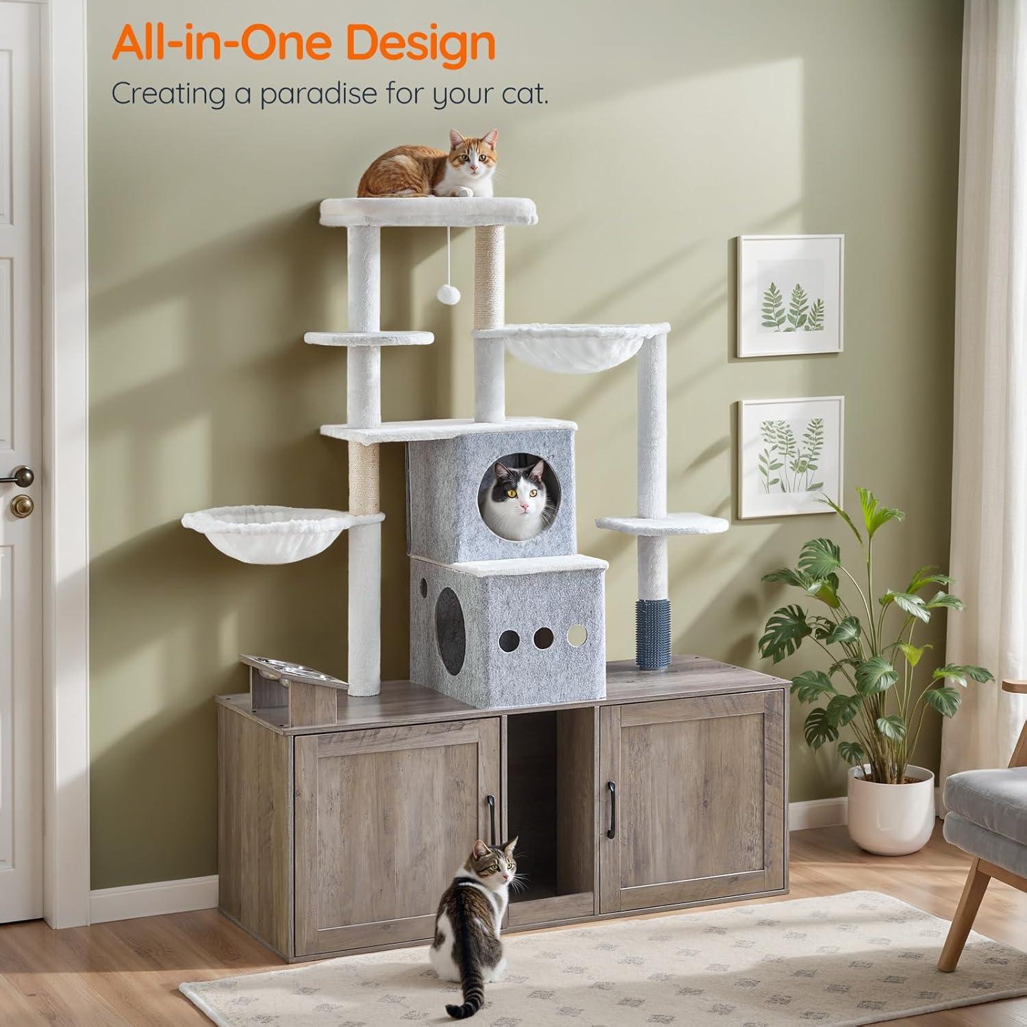 imageHOOBRO Cat Tree with 472 Dual Litter Box Enclosure 634 Tall MultiFunctional Tower for Cats Hidden Litter Box Enclosure Furniture with Feeding Bowls Scratching Posts Hammocks Greige BG23MZ03