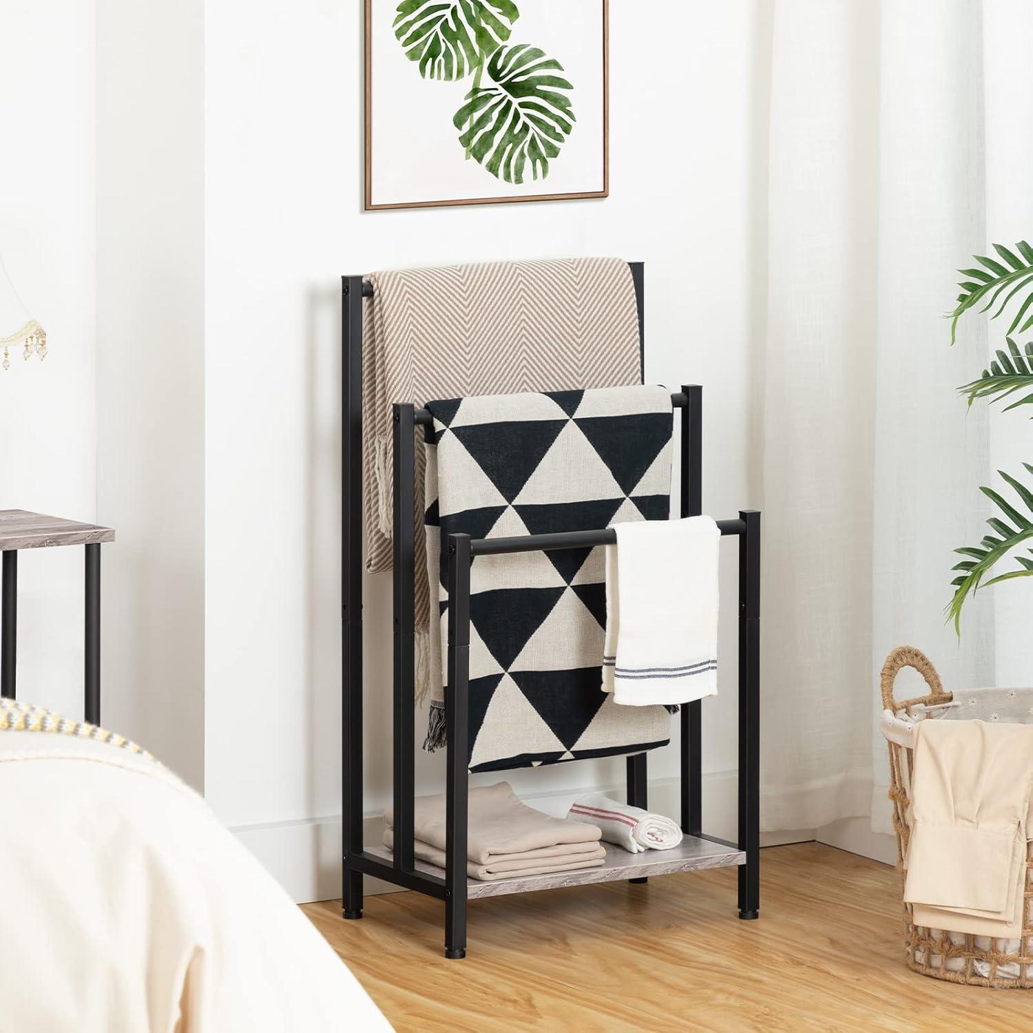 imageHOOBRO Free Standing Towel Rack 3 Tier Blanket Rack Blanket Holder for Bathroom 169 L x 11 W x 319 H Industrial Metal Drying and Display Rack with Shelf Rustic Brown and Black BF03LB01Greige Black