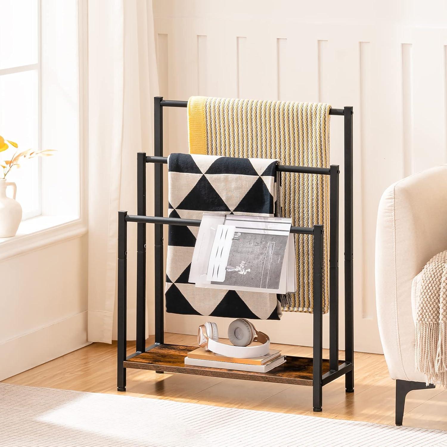 imageHOOBRO Free Standing Towel Rack 3 Tier Blanket Rack Blanket Holder for Bathroom 169 L x 11 W x 319 H Industrial Metal Drying and Display Rack with Shelf Rustic Brown and Black BF03LB01Rustic Brown Black